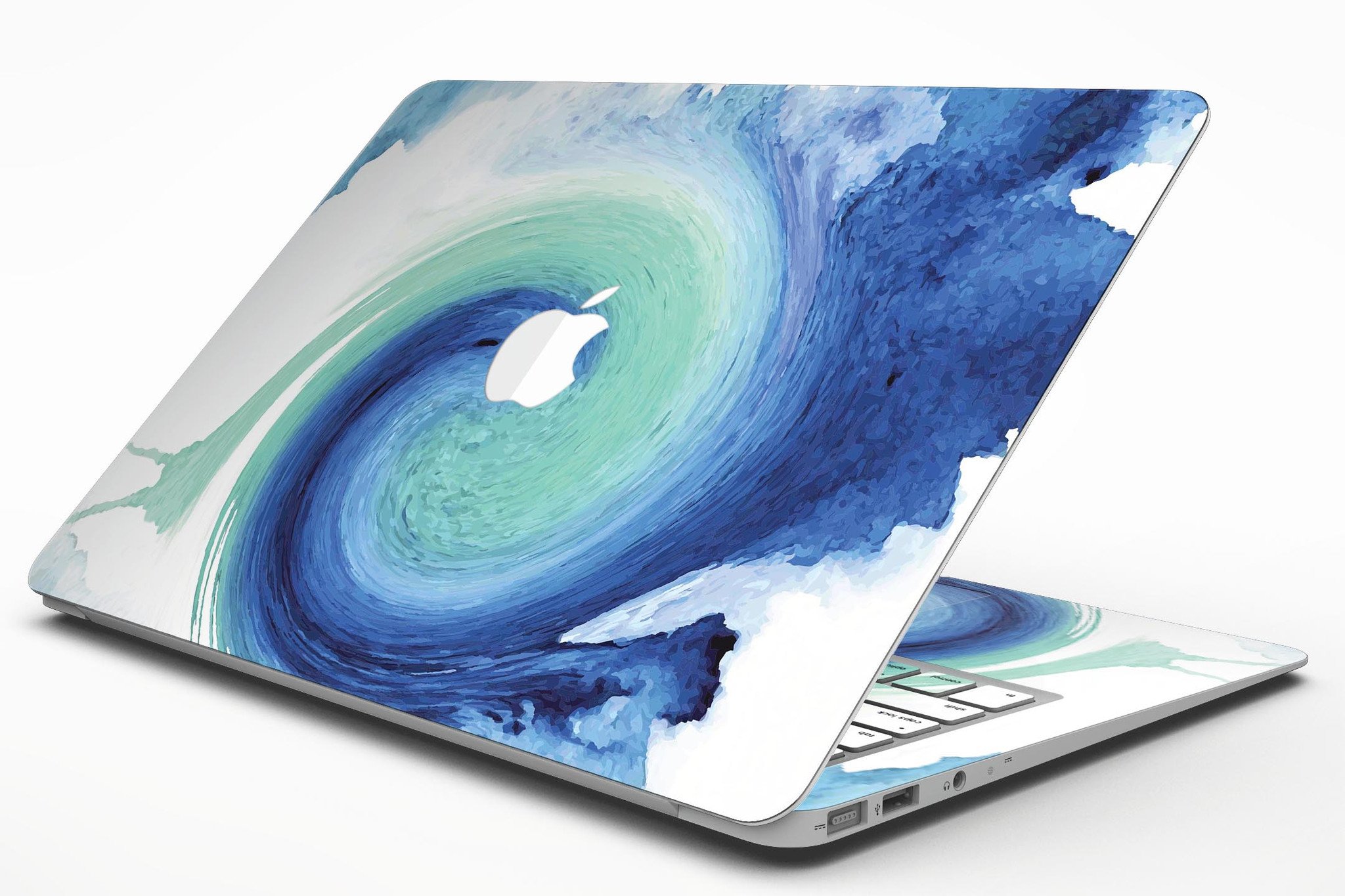 Blue and teal watercolor swirl skin for MacBook Air, showcasing vibrant colors and artistic design.