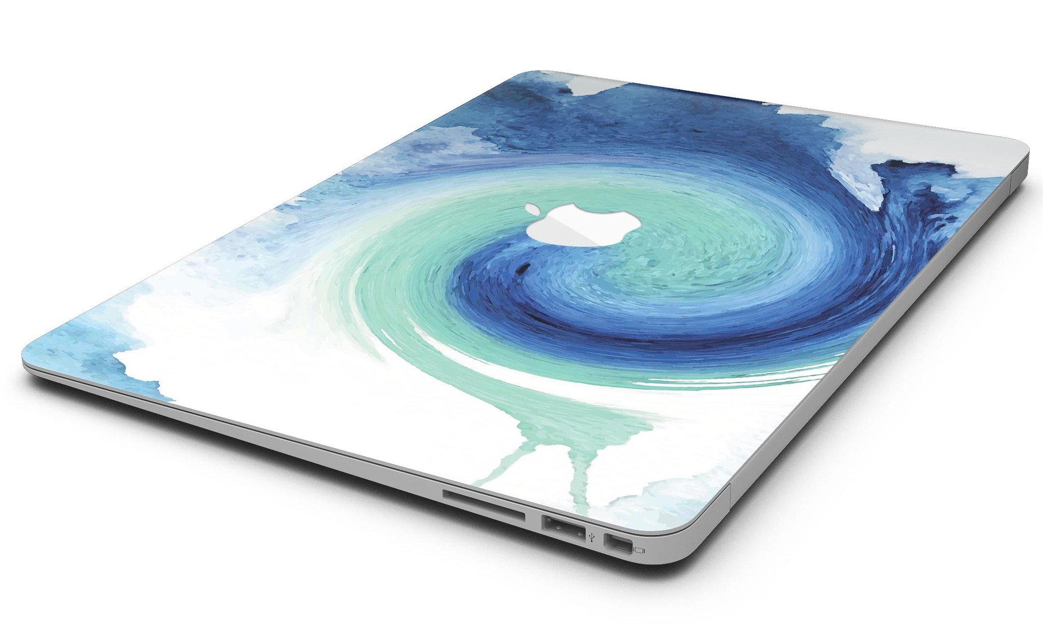 Blue and teal watercolor swirl skin for MacBook Air, showcasing vibrant colors and artistic design.