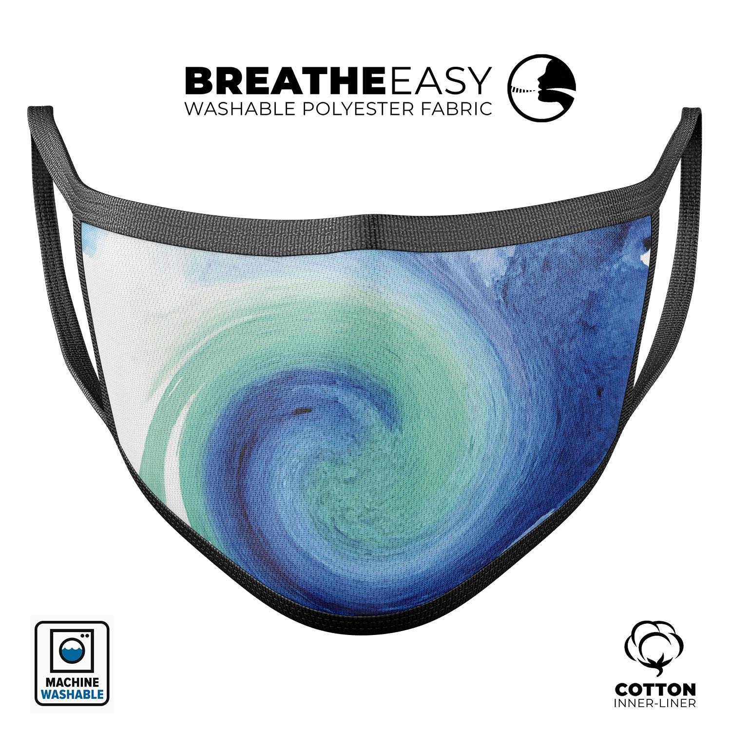 Blue and teal watercolor swirl reusable mouth cover, showcasing vibrant colors and adjustable ear loops for a comfortable fit.