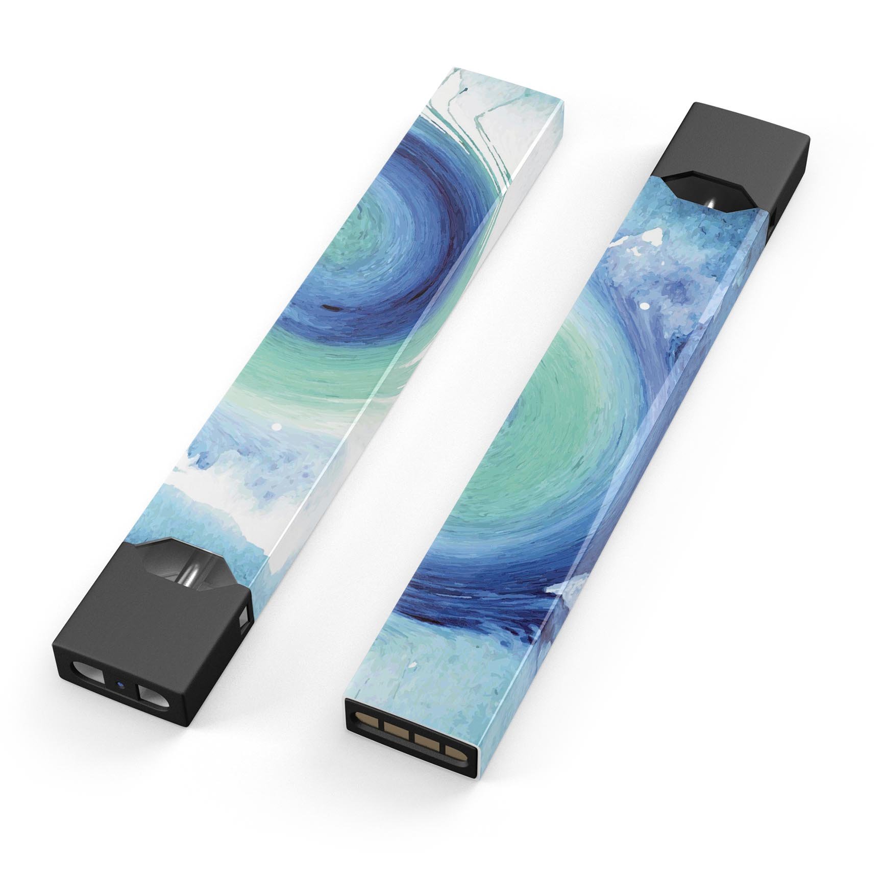 Blue and teal watercolor swirl skin-wrap for JUUL vaping device, showcasing vibrant colors and a sleek design.