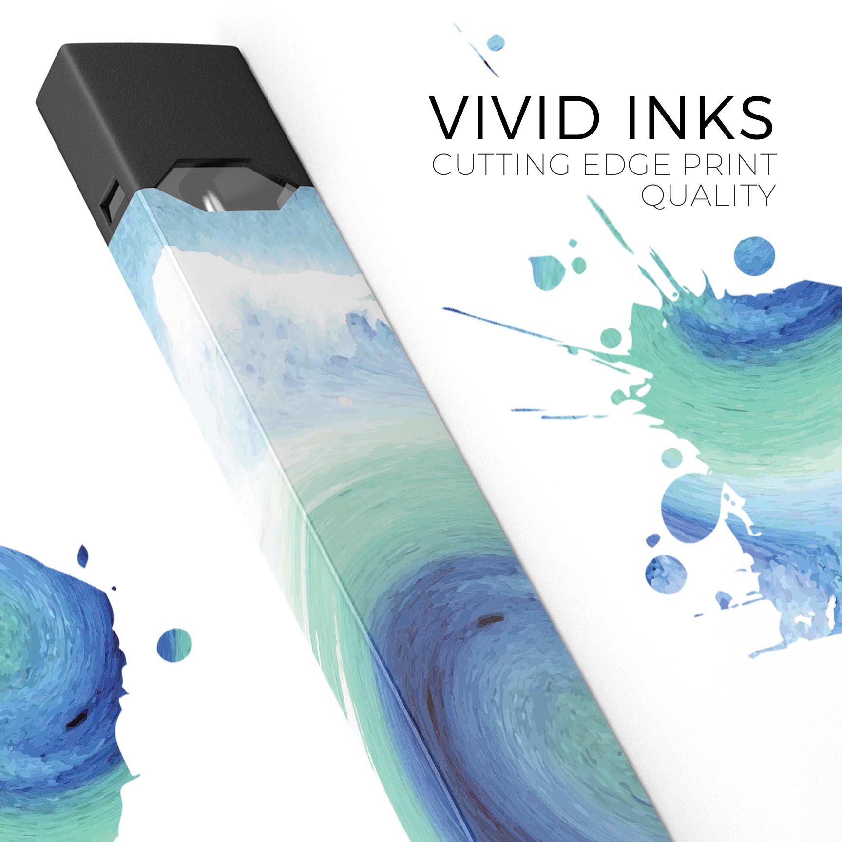 Blue and teal watercolor swirl skin-wrap for JUUL vaping device, showcasing vibrant colors and a sleek design.