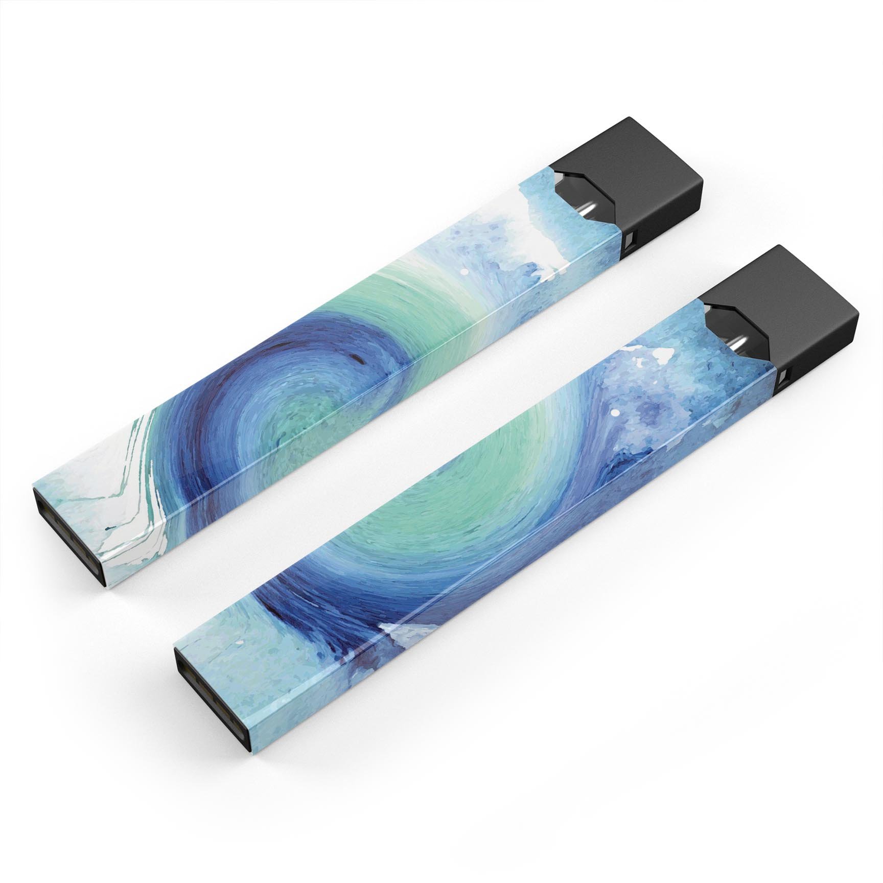 Blue and teal watercolor swirl skin-wrap for JUUL vaping device, showcasing vibrant colors and a sleek design.