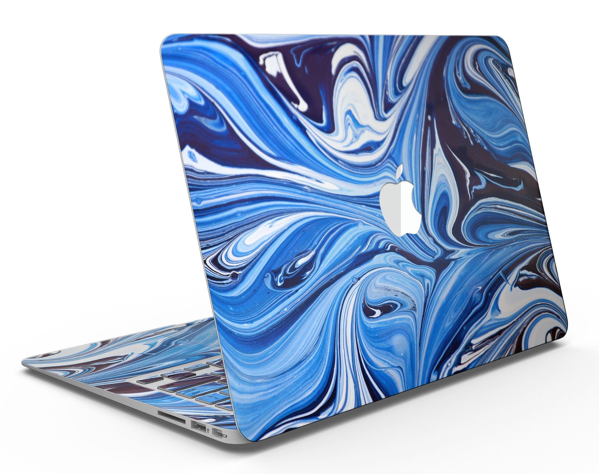 Blue and white blended paint skin kit for MacBook Air, showcasing a stylish design that protects the device from scratches.