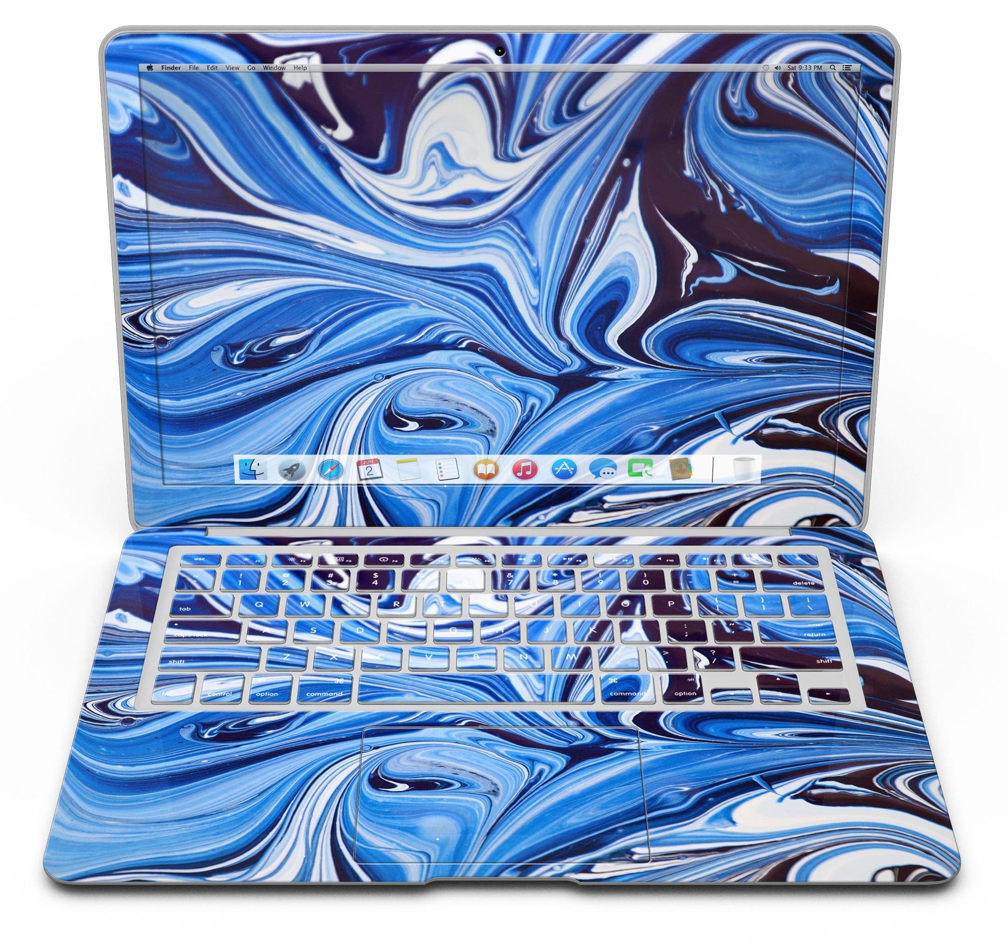 Blue and white blended paint skin kit for MacBook Air, showcasing a stylish design that protects the device from scratches.