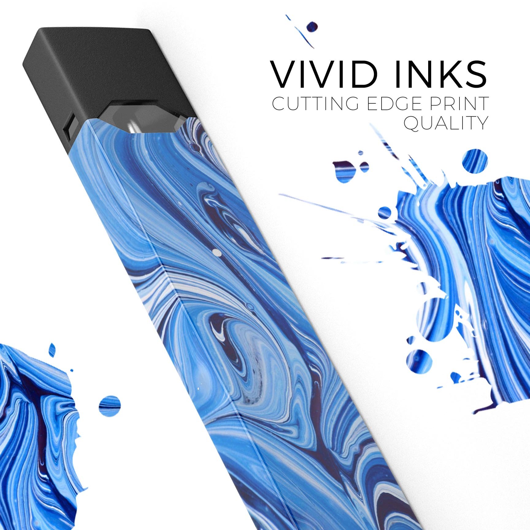 Blue and white blended paint skin-wrap for JUUL vaping device, showcasing vibrant colors and a sleek design.