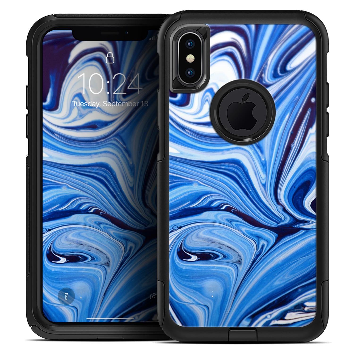 Blue and white blended paint skin kit for iPhone OtterBox cases, showcasing its vibrant design and premium quality materials.