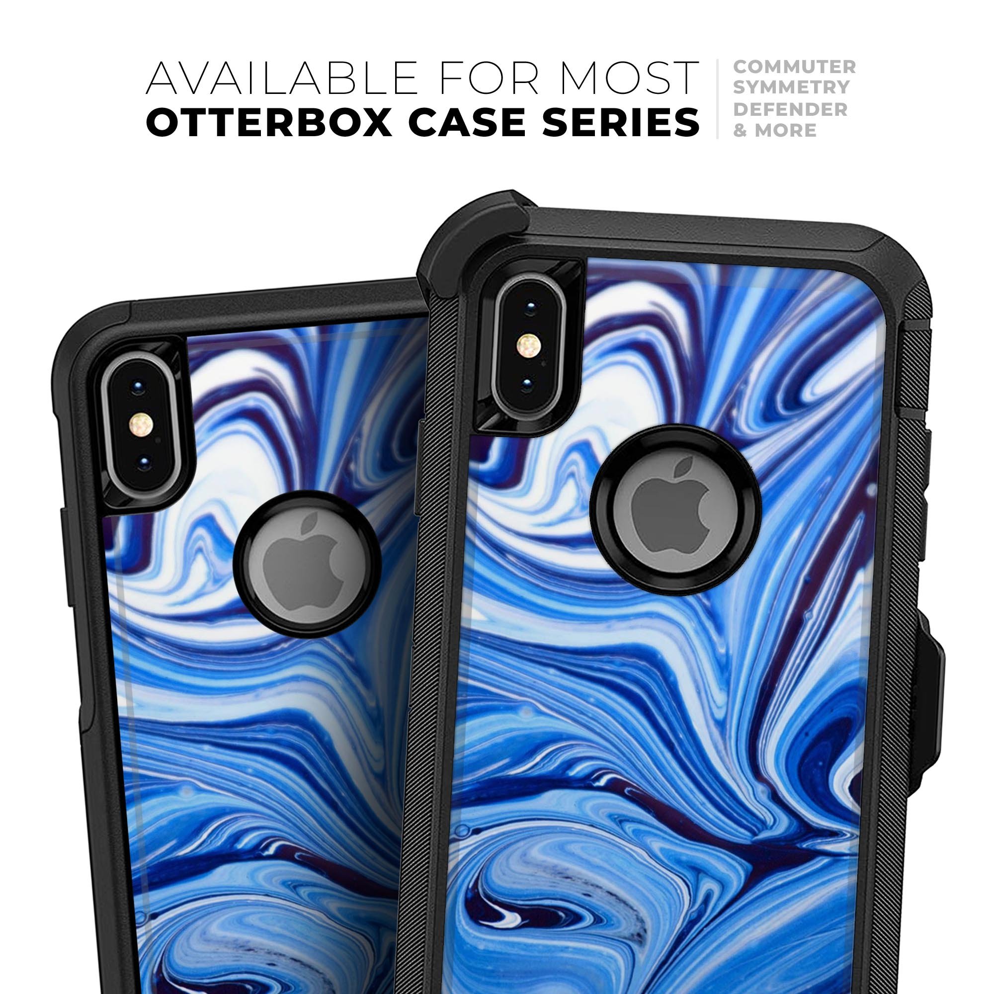 Blue and white blended paint skin kit for iPhone OtterBox cases, showcasing its vibrant design and premium quality materials.