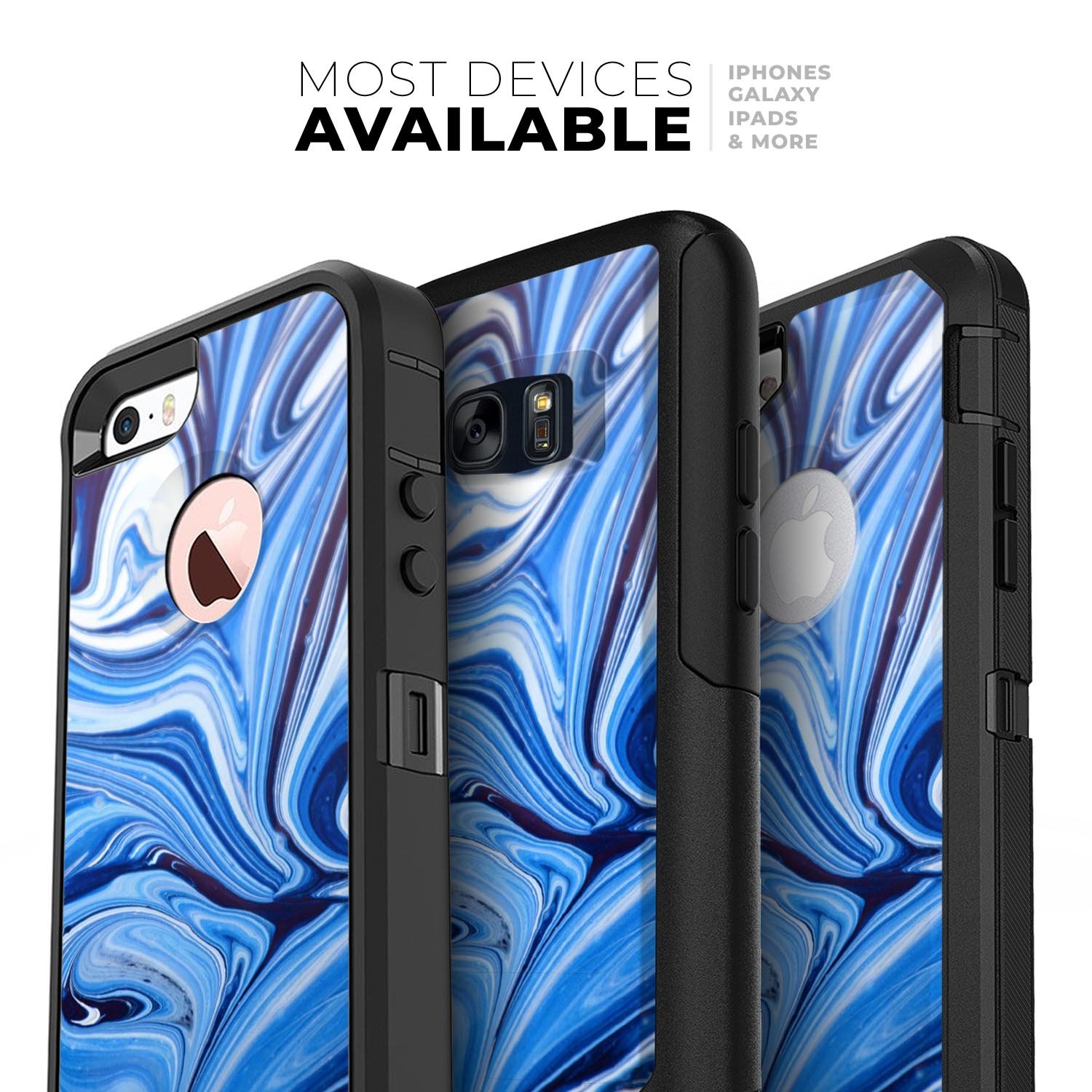 Blue and white blended paint skin kit for iPhone OtterBox cases, showcasing its vibrant design and premium quality materials.