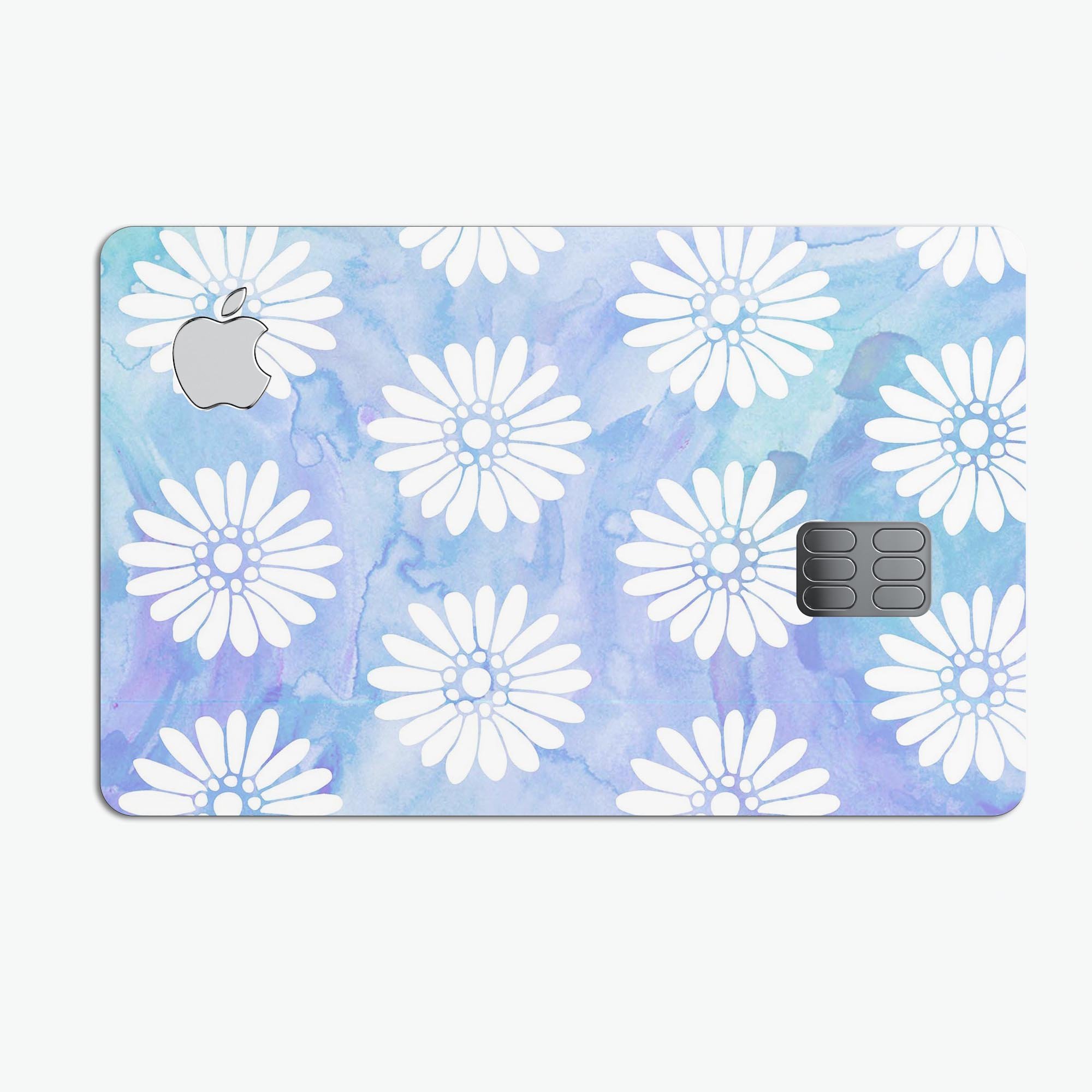 Blue and white watercolor flower print skin for Apple Card, showcasing vibrant floral patterns on a protective vinyl layer.