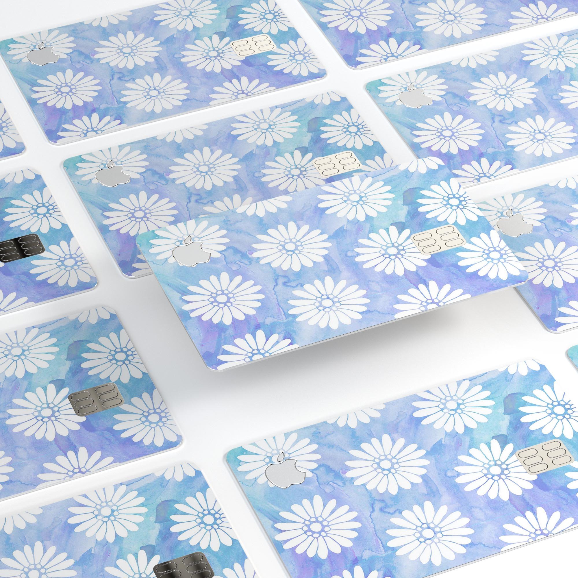 Blue and white watercolor flower print skin for Apple Card, showcasing vibrant floral patterns on a protective vinyl layer.