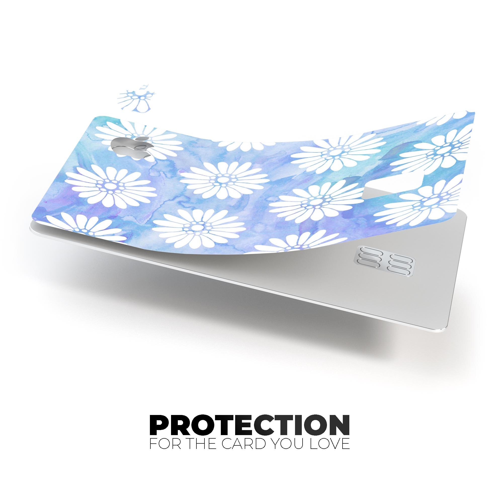 Blue and white watercolor flower print skin for Apple Card, showcasing vibrant floral patterns on a protective vinyl layer.