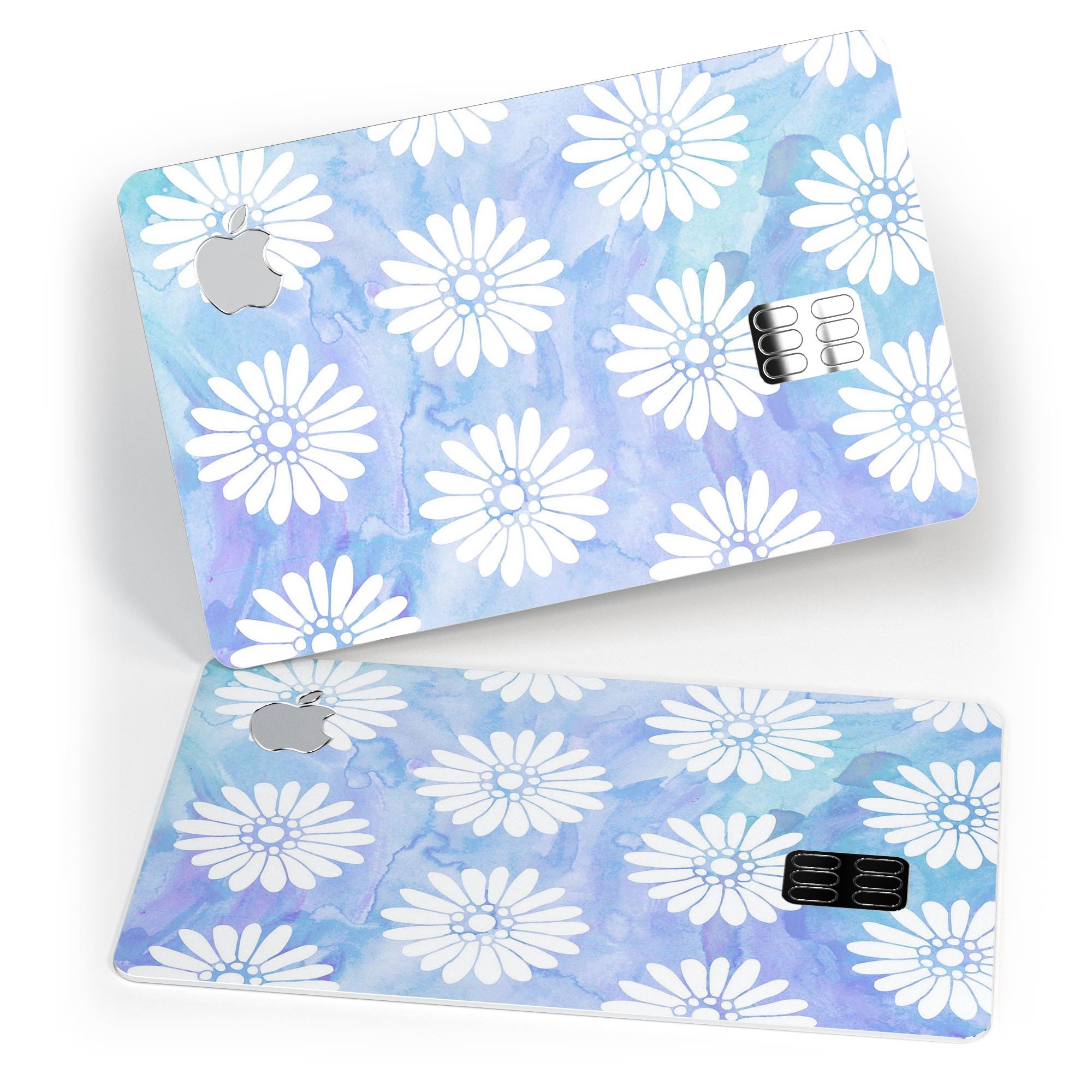 Blue and white watercolor flower print skin for Apple Card, showcasing vibrant floral patterns on a protective vinyl layer.