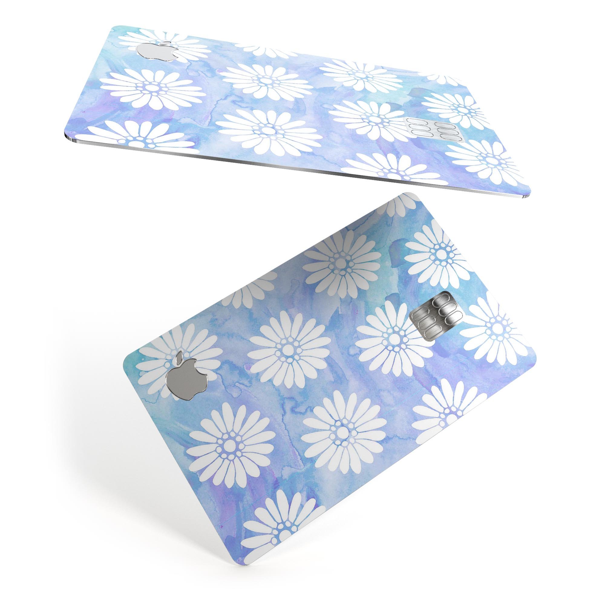 Blue and white watercolor flower print skin for Apple Card, showcasing vibrant floral patterns on a protective vinyl layer.