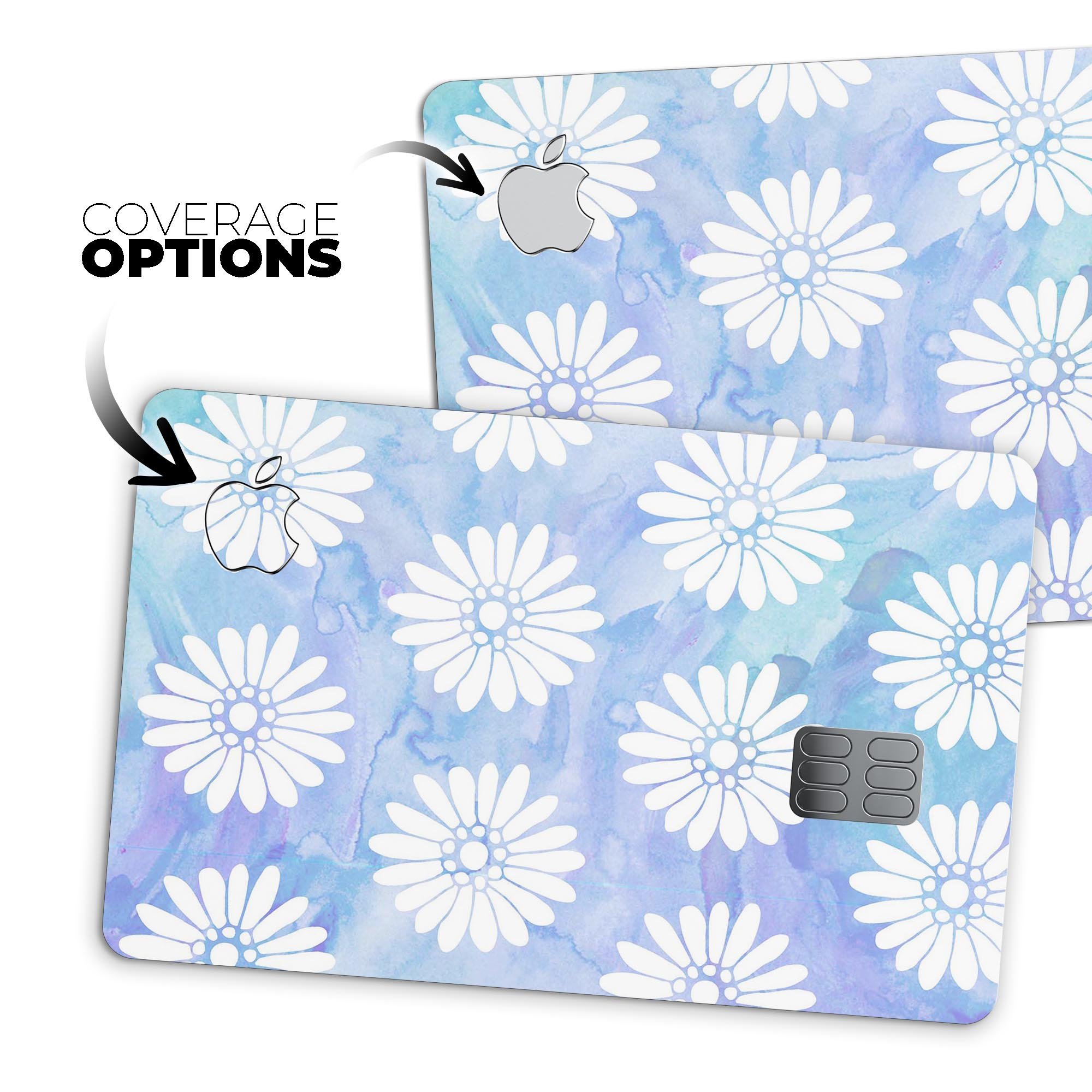 Blue and white watercolor flower print skin for Apple Card, showcasing vibrant floral patterns on a protective vinyl layer.