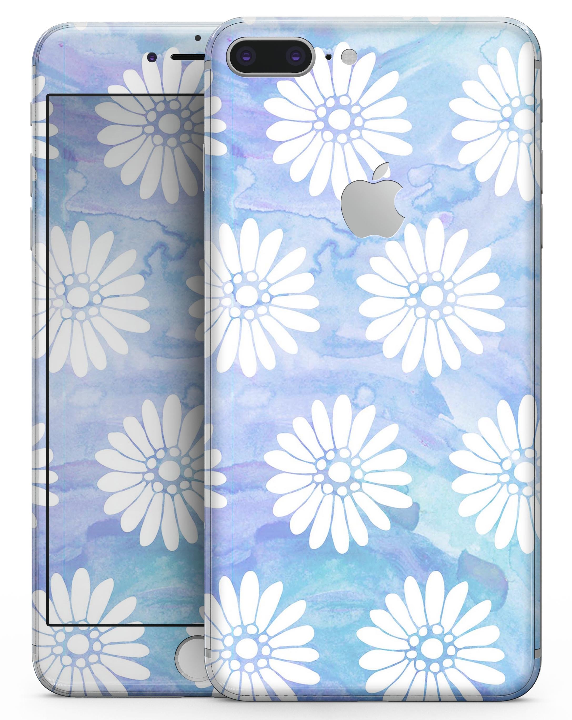 Blue and white watercolor flower print skin for iPhone 8 and 8 Plus, showcasing vibrant floral patterns on a sleek vinyl surface.