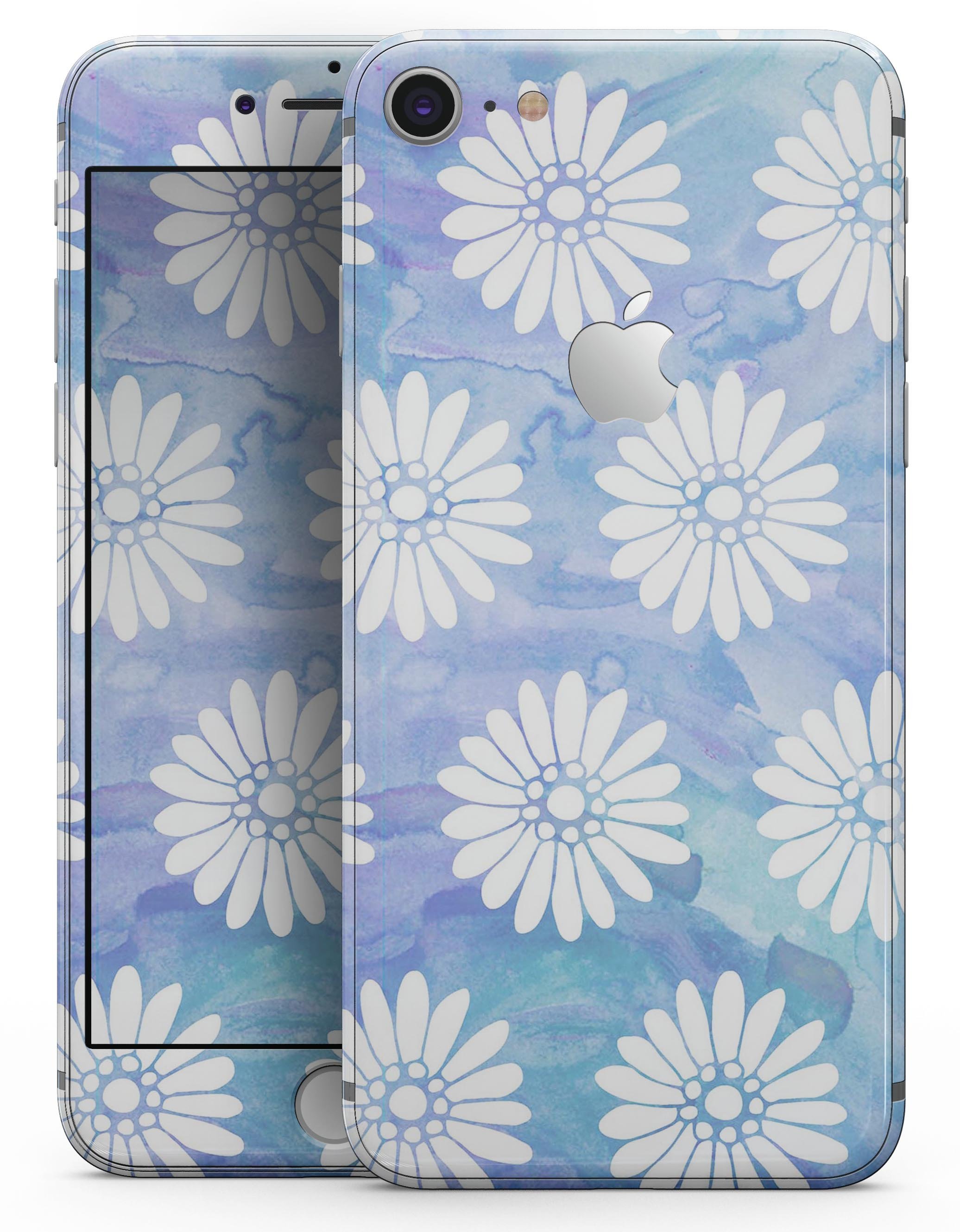 Blue and white watercolor flower print skin for iPhone 8 and 8 Plus, showcasing vibrant floral patterns on a sleek vinyl surface.