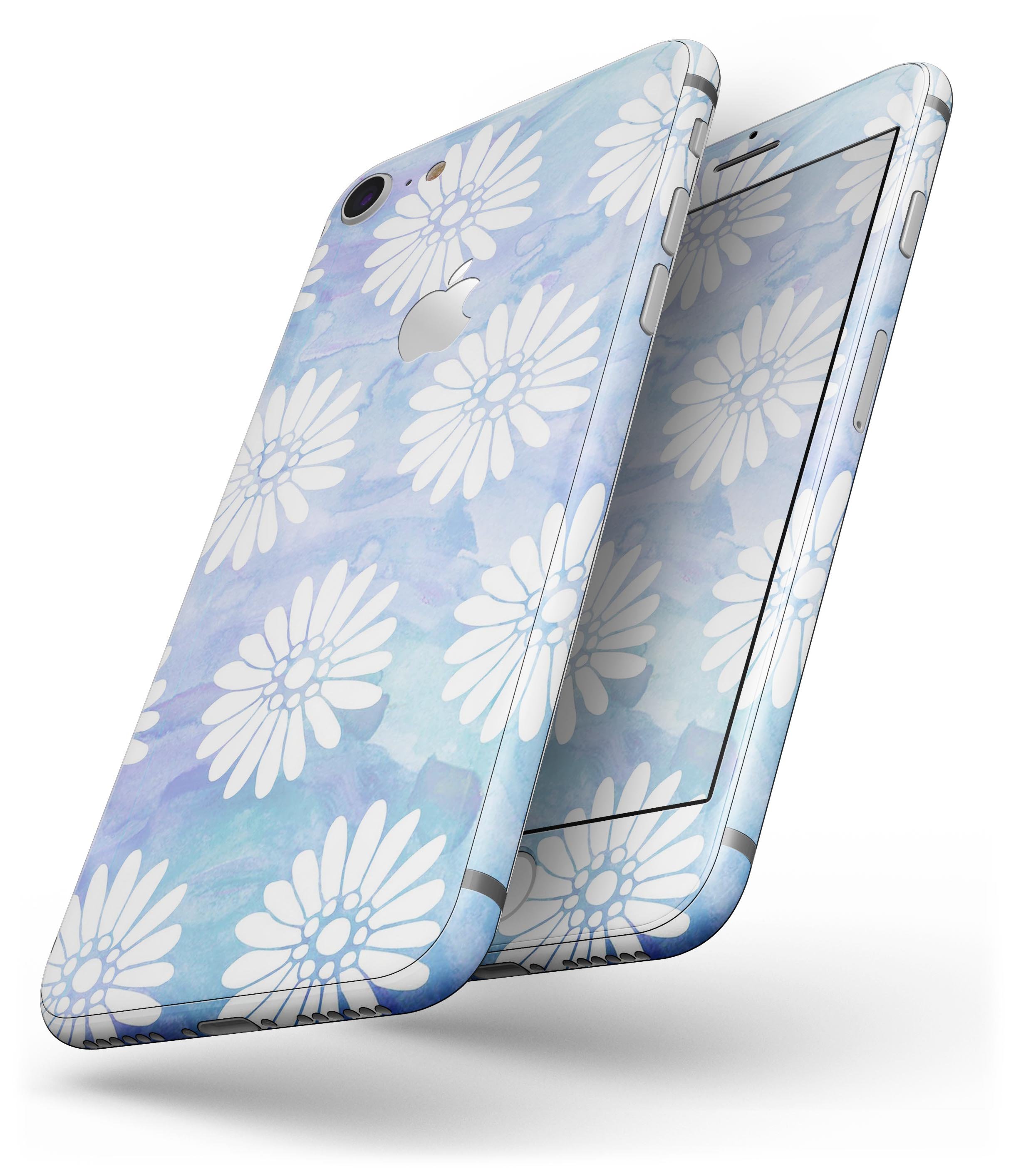 Blue and white watercolor flower print skin for iPhone 8 and 8 Plus, showcasing vibrant floral patterns on a sleek vinyl surface.