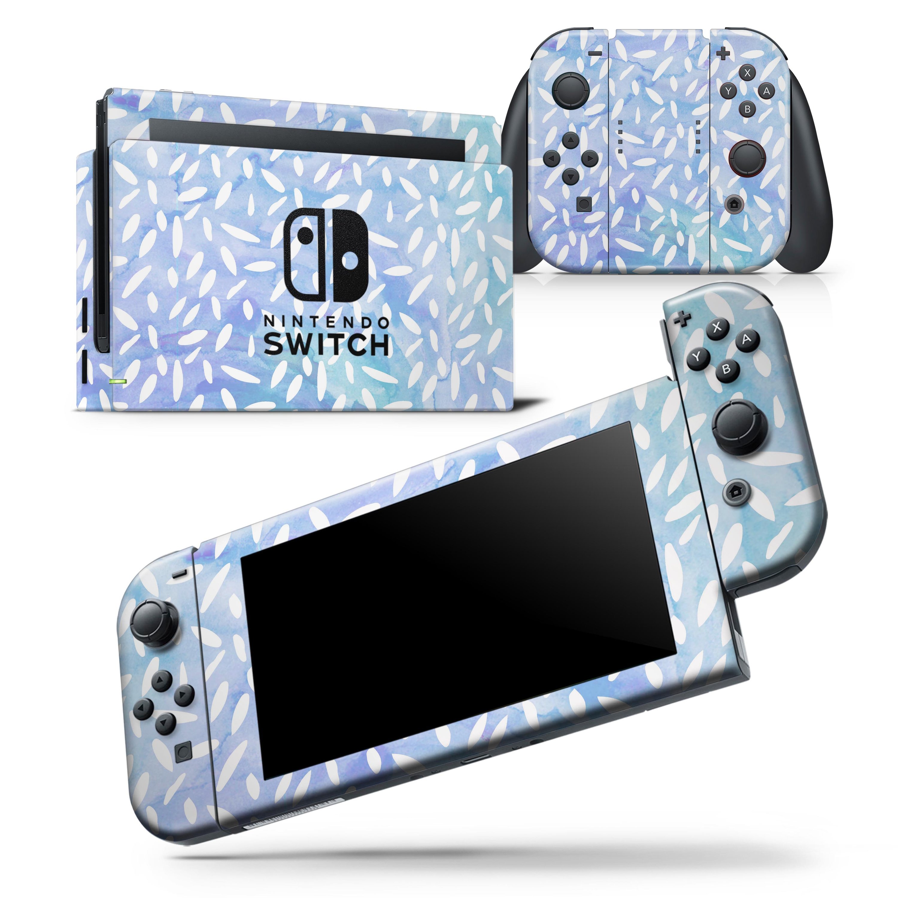 Blue and white watercolor leaves pattern skin wrap decal for Nintendo Switch, showcasing a vibrant design that enhances the console's appearance.