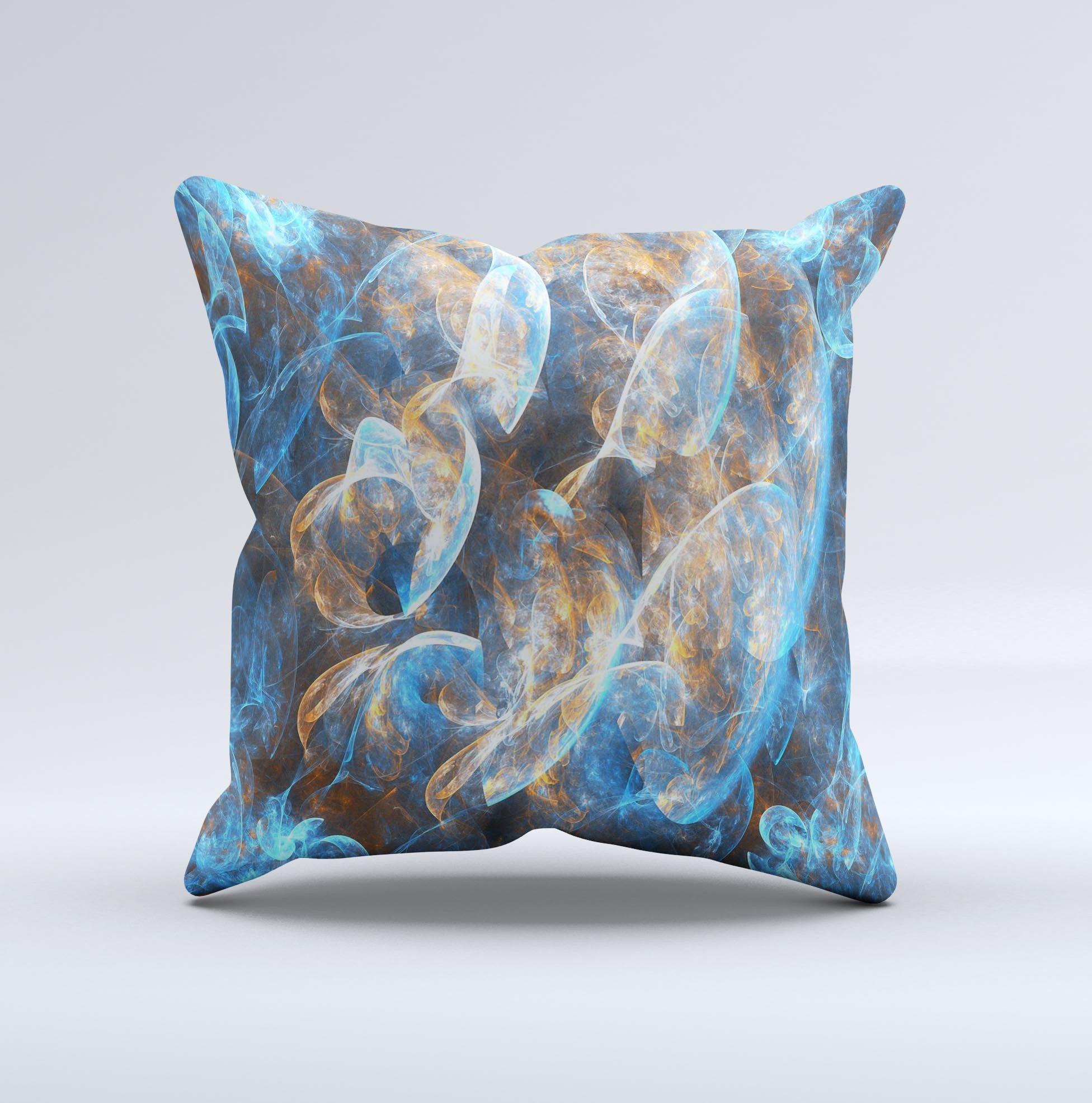 A vibrant blue and yellow decorative throw pillow with ink-fuzed design, handcrafted in Virginia, showcasing unique patterns and textures.