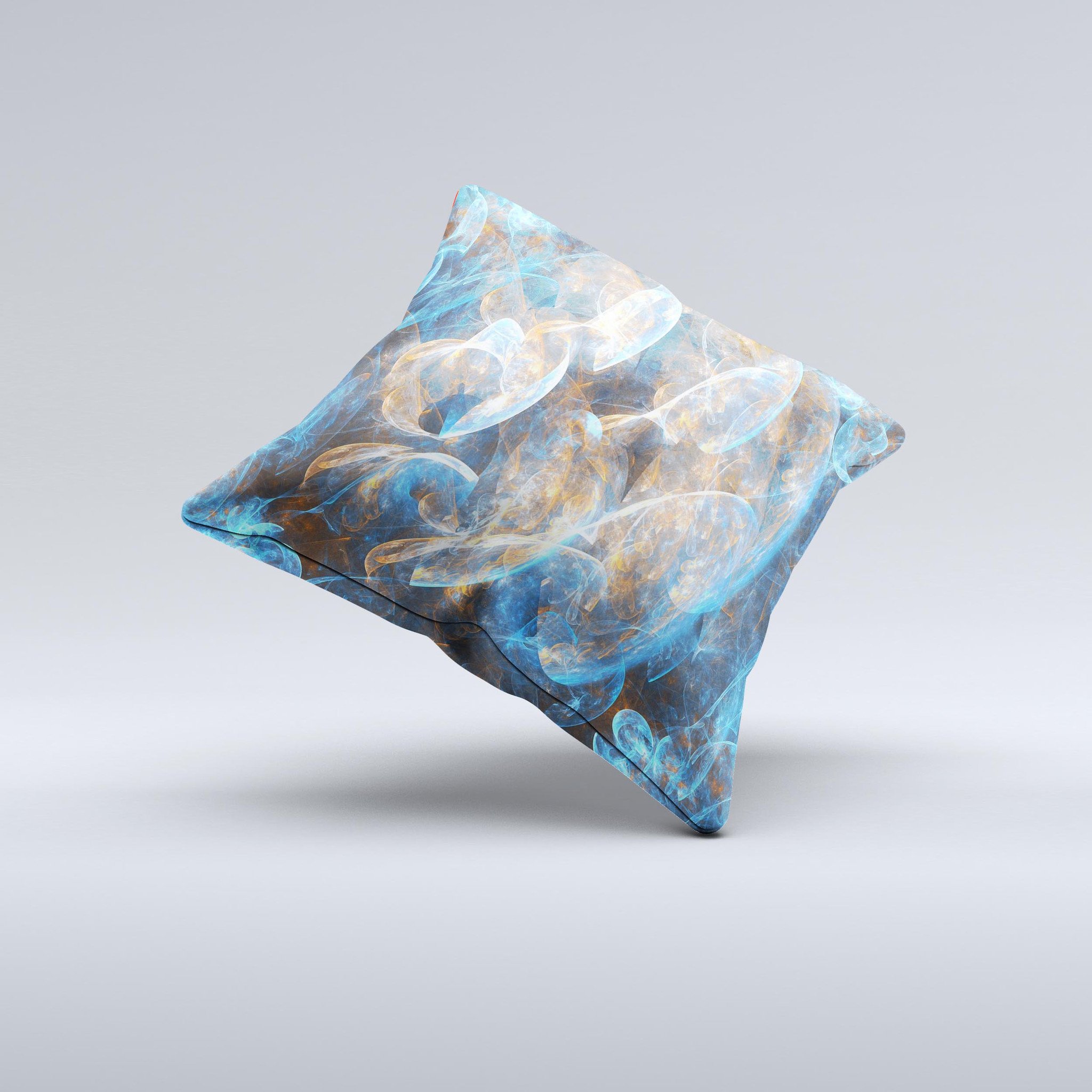 A vibrant blue and yellow decorative throw pillow with ink-fuzed design, handcrafted in Virginia, showcasing unique patterns and textures.