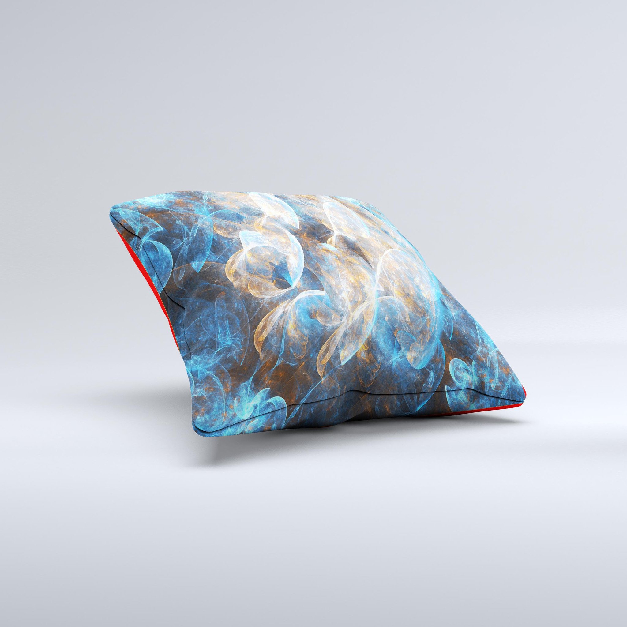 A vibrant blue and yellow decorative throw pillow with ink-fuzed design, handcrafted in Virginia, showcasing unique patterns and textures.