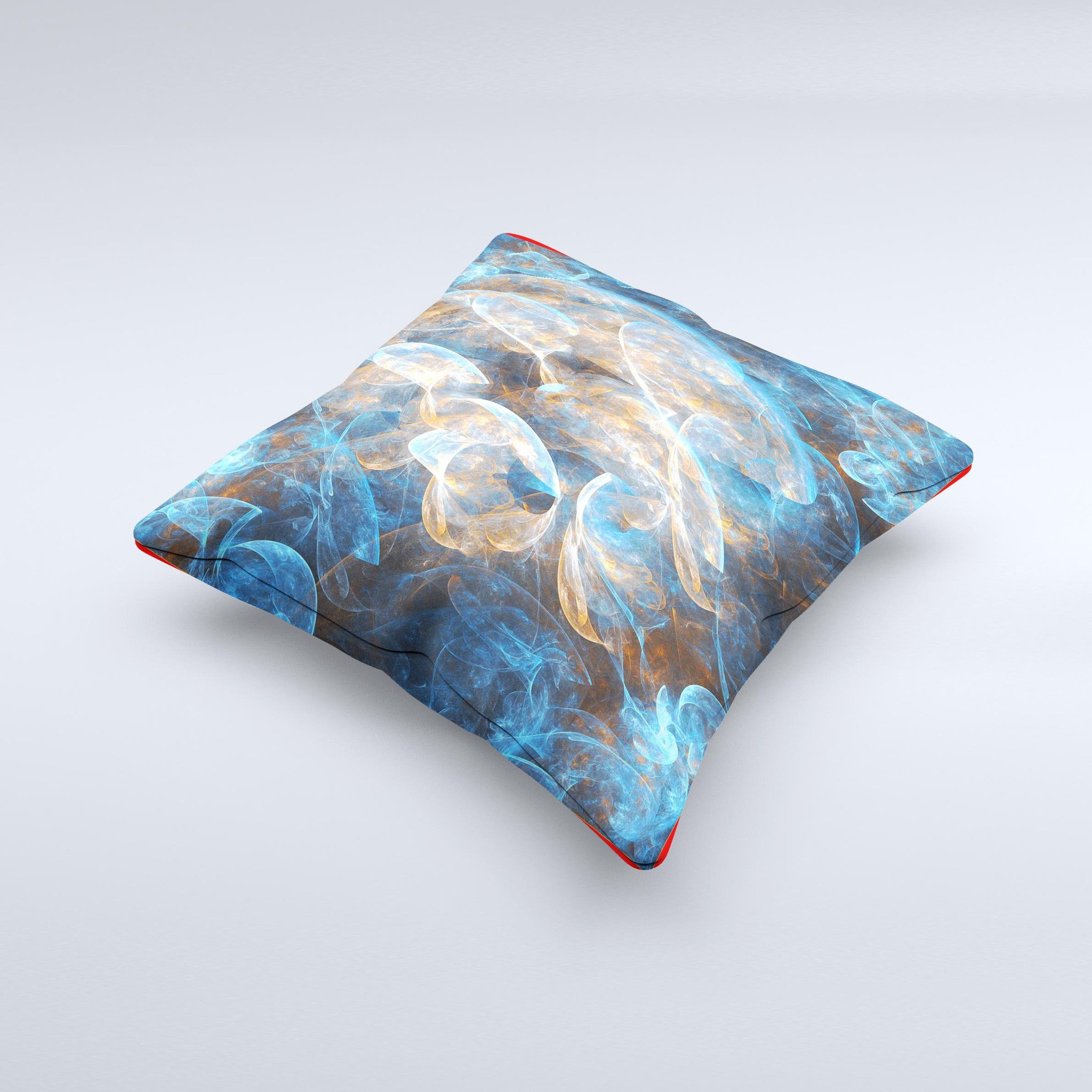 A vibrant blue and yellow decorative throw pillow with ink-fuzed design, handcrafted in Virginia, showcasing unique patterns and textures.