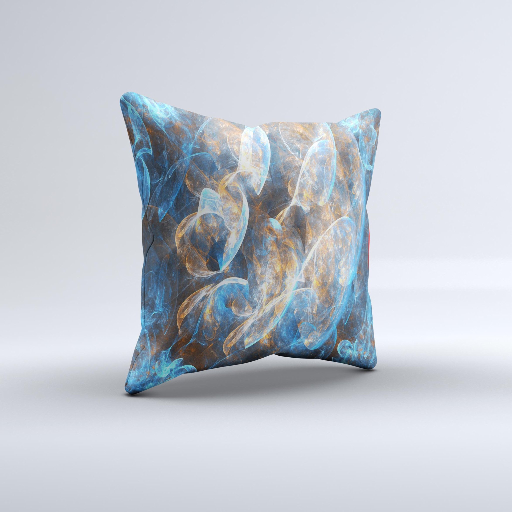 A vibrant blue and yellow decorative throw pillow with ink-fuzed design, handcrafted in Virginia, showcasing unique patterns and textures.