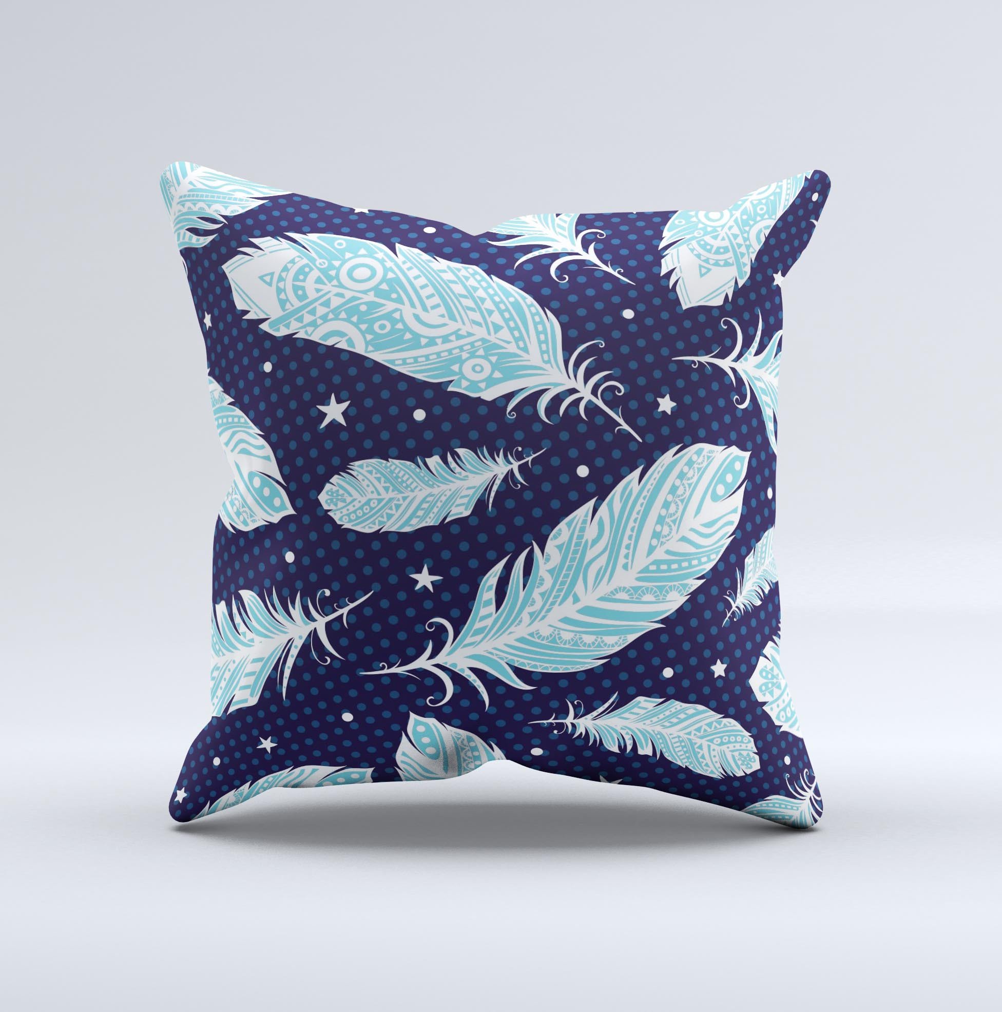 Blue Aztec Feathers and Stars decorative throw pillow, showcasing intricate patterns and vibrant colors, handcrafted in Virginia.