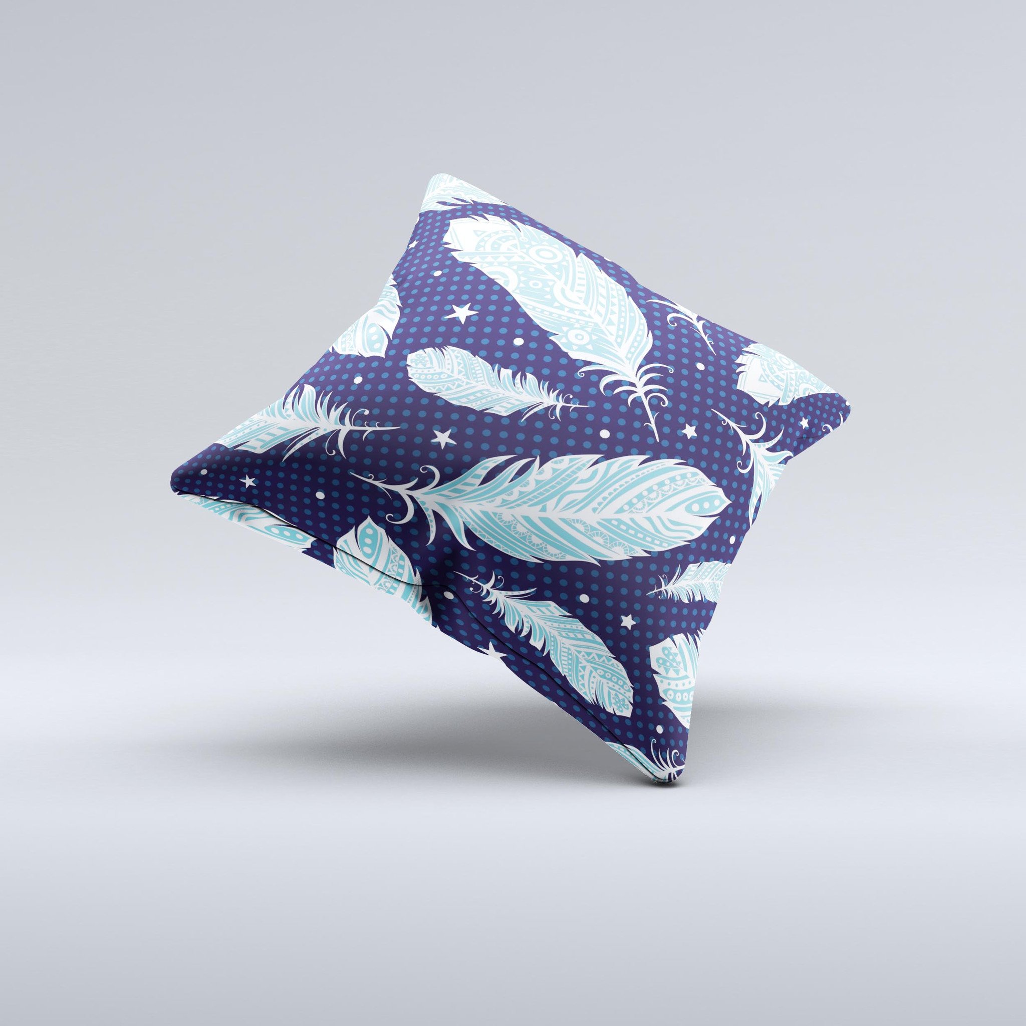 Blue Aztec Feathers and Stars decorative throw pillow, showcasing intricate patterns and vibrant colors, handcrafted in Virginia.