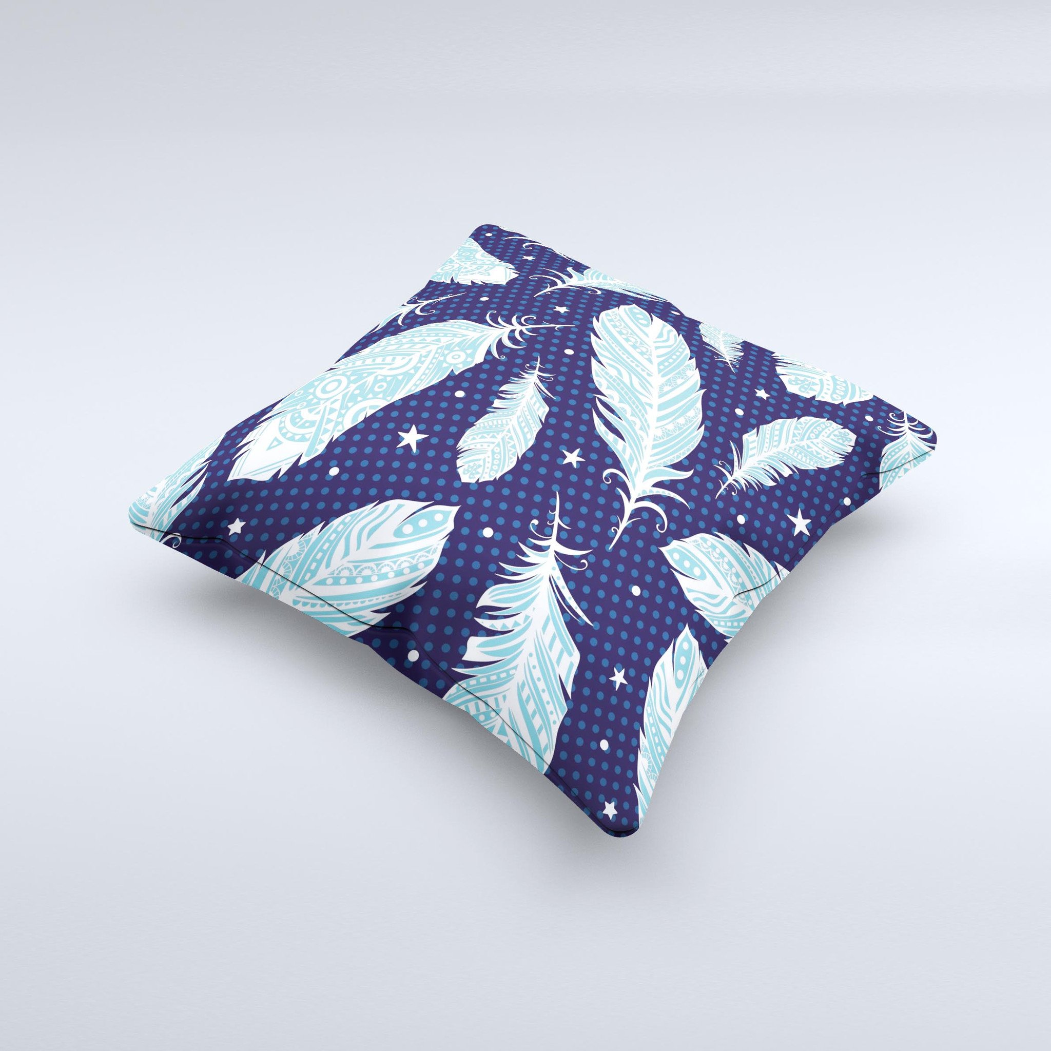 Blue Aztec Feathers and Stars decorative throw pillow, showcasing intricate patterns and vibrant colors, handcrafted in Virginia.