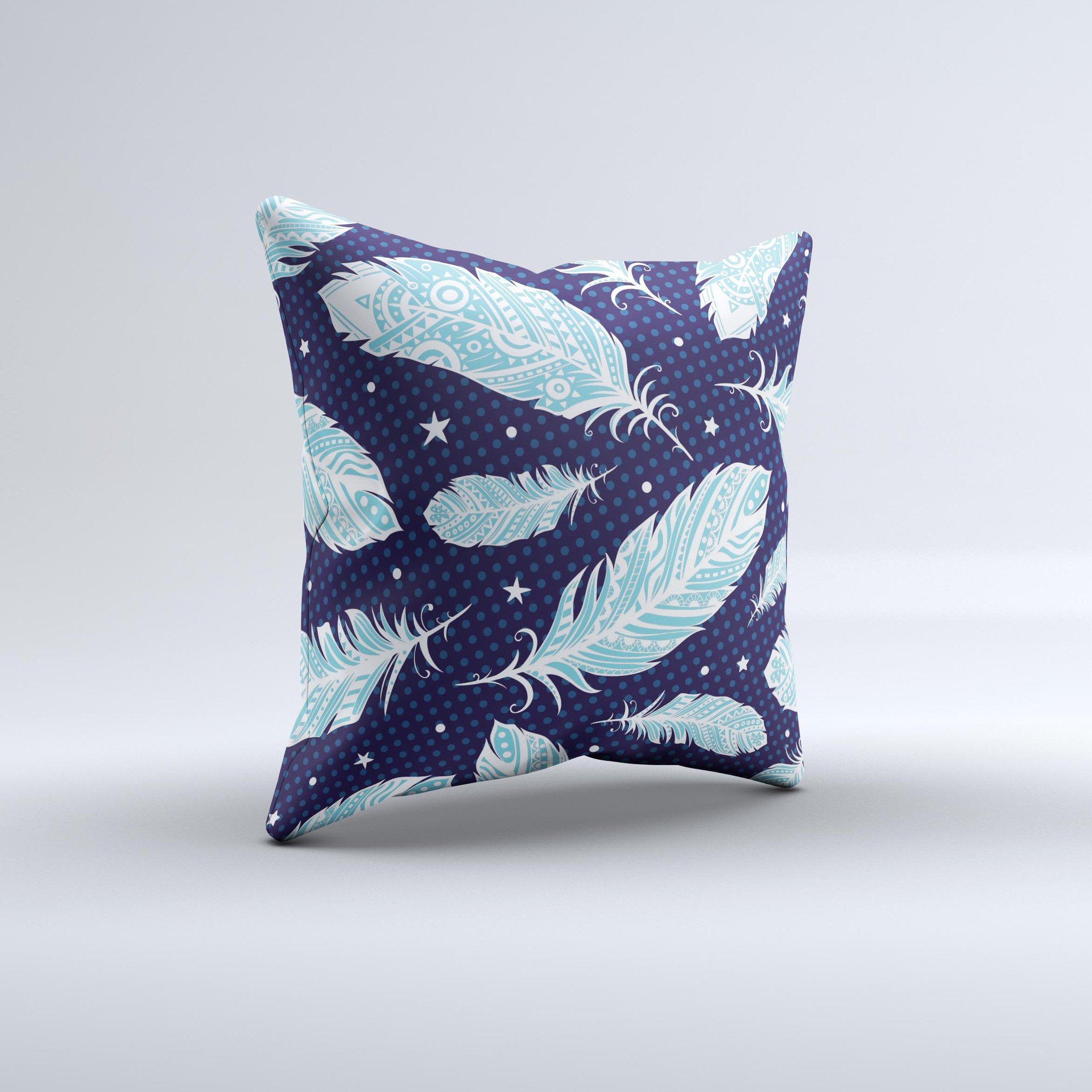 Blue Aztec Feathers and Stars decorative throw pillow, showcasing intricate patterns and vibrant colors, handcrafted in Virginia.