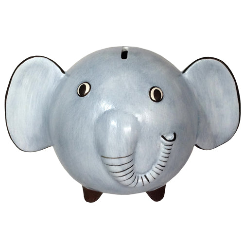 Handmade blue ceramic elephant bank with intricate details, showcasing artisan craftsmanship from Peru.