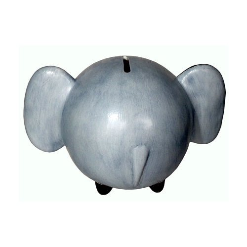 Handmade blue ceramic elephant bank with intricate details, showcasing artisan craftsmanship from Peru.