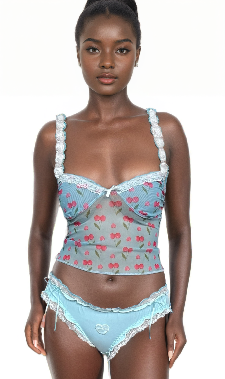 Y2K Blue Cherry Coquette Handmade Camitop with lace strip and ruffle panty, featuring a playful cherry print.