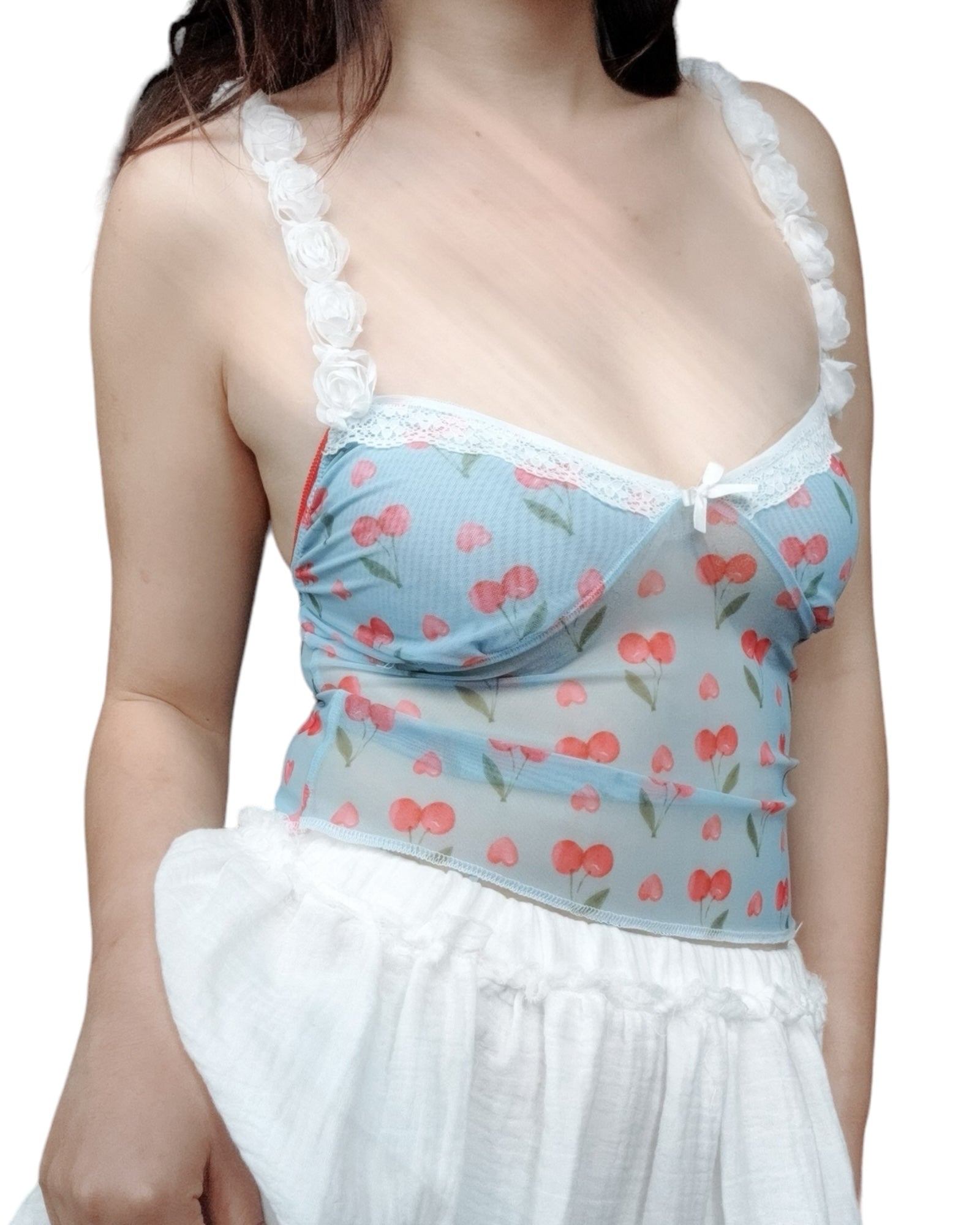 Y2K Blue Cherry Coquette Handmade Camitop with lace strip and ruffle panty, featuring a playful cherry print.