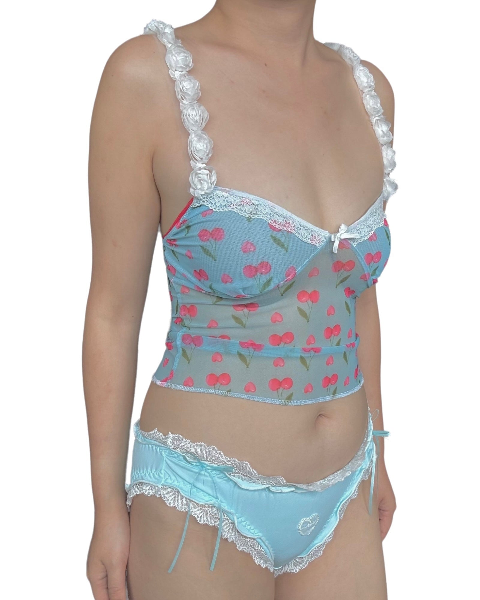 Y2K Blue Cherry Coquette Handmade Camitop with lace strip and ruffle panty, featuring a playful cherry print.