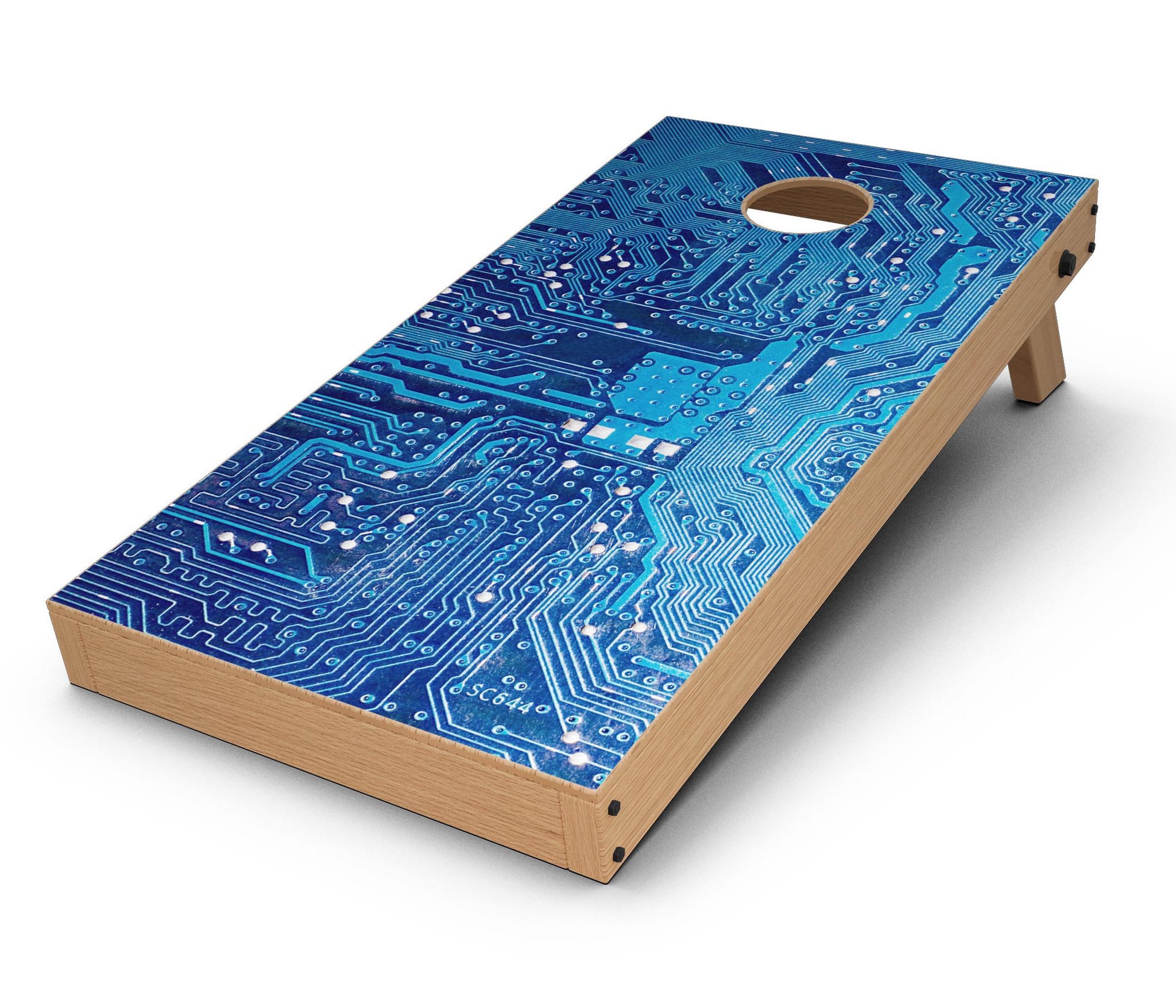 Blue Circuit Board V1 Cornhole Board Skin Decal Kit featuring vibrant circuit board design for custom Cornhole boards.