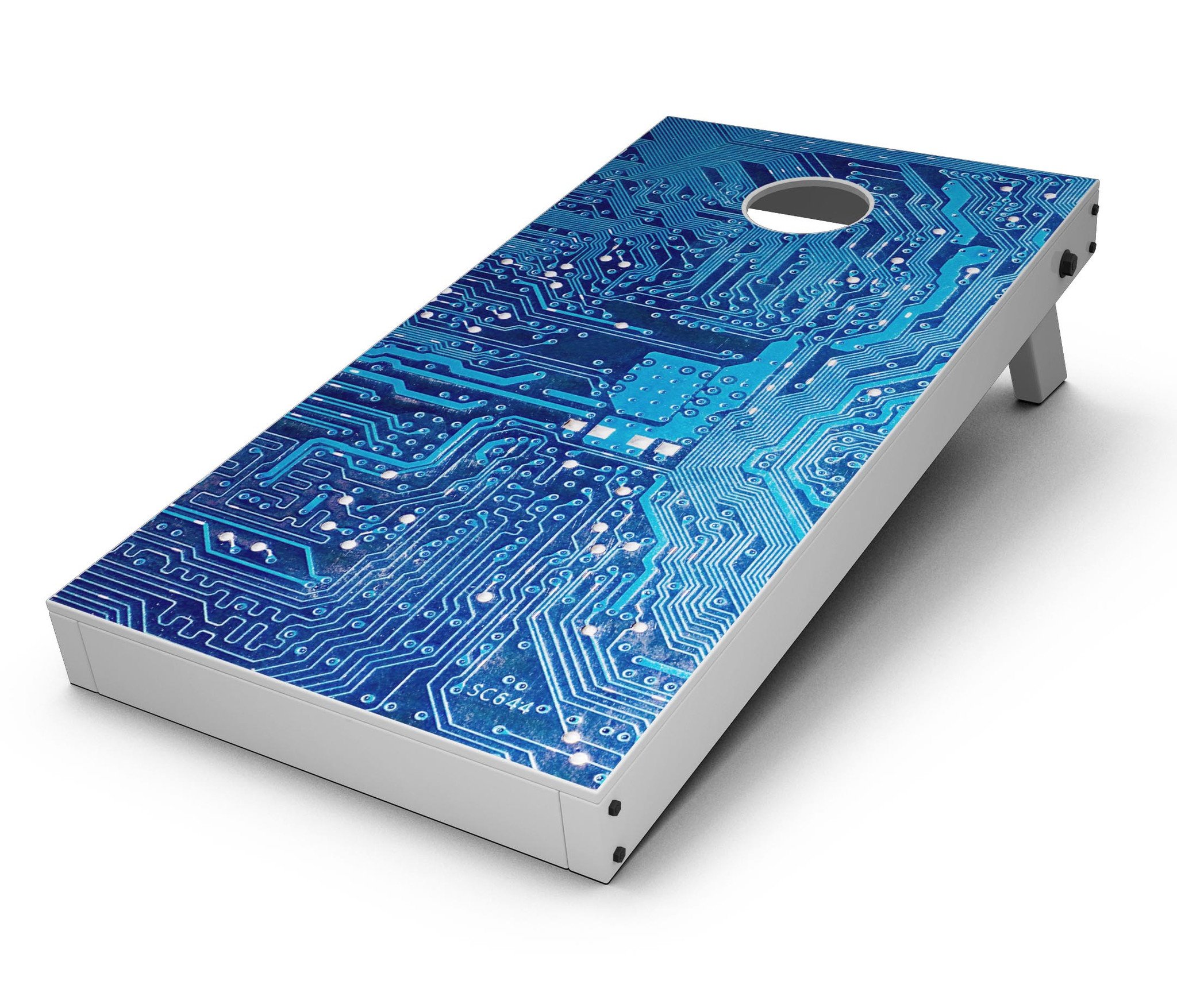 Blue Circuit Board V1 Cornhole Board Skin Decal Kit featuring vibrant circuit board design for custom Cornhole boards.