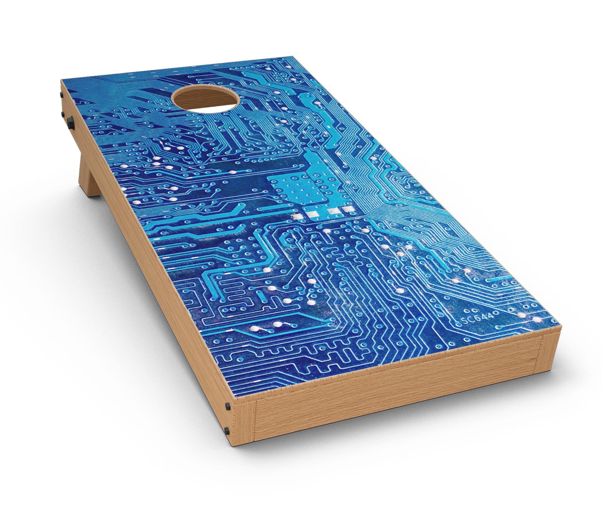 Blue Circuit Board V1 Cornhole Board Skin Decal Kit featuring vibrant circuit board design for custom Cornhole boards.