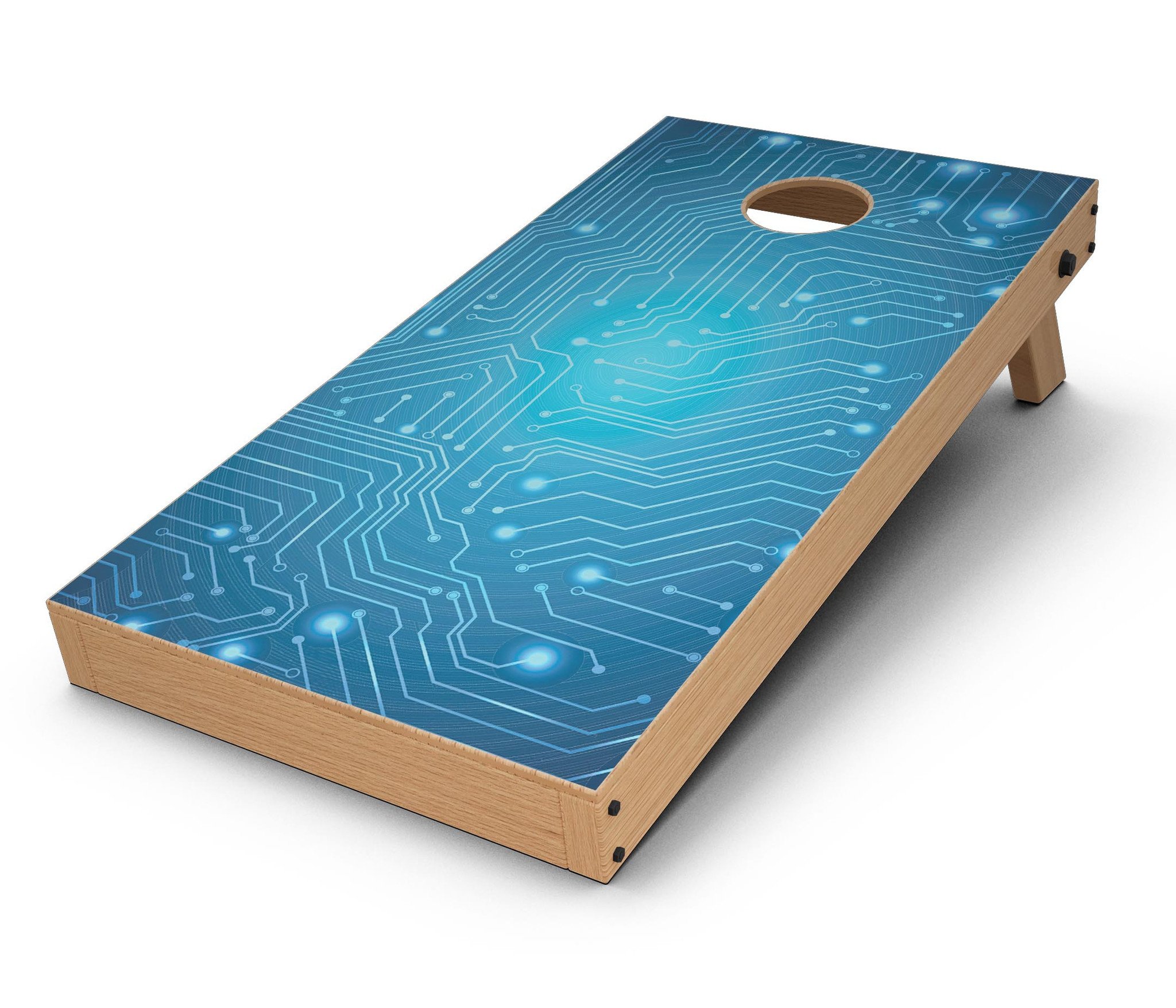 Blue Circuit Board V2 CornHole Board Skin Decal Kit showcasing vibrant circuit board design on premium vinyl material.