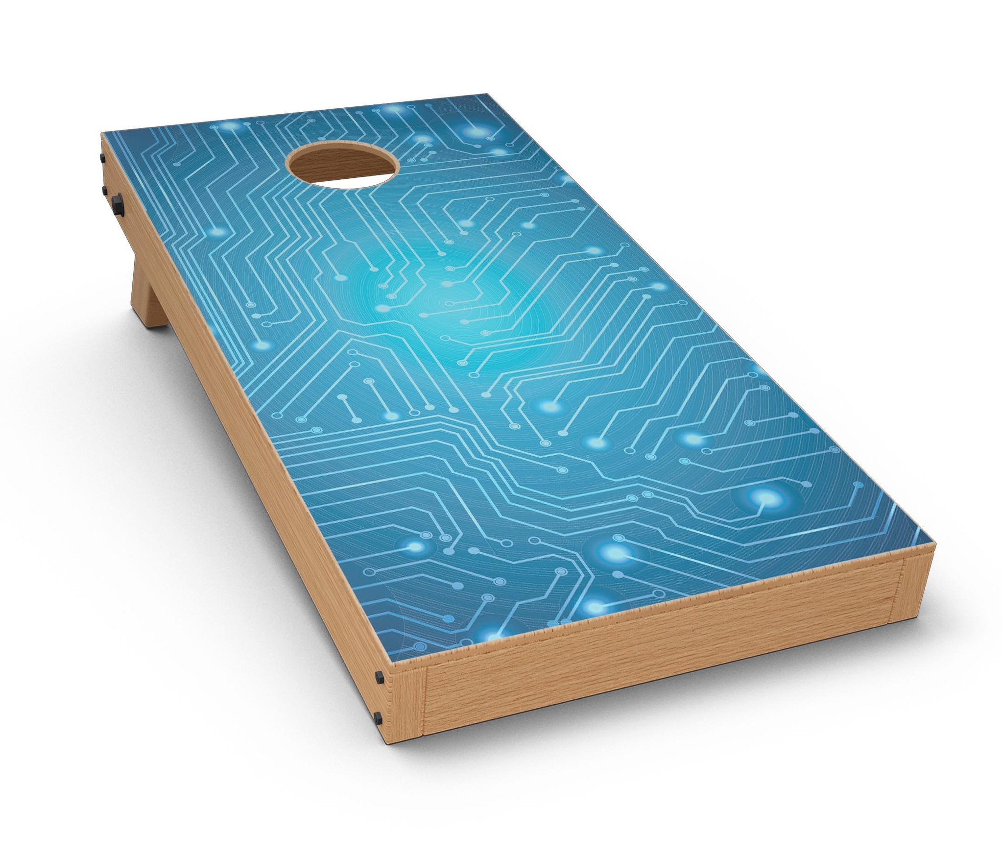 Blue Circuit Board V2 CornHole Board Skin Decal Kit showcasing vibrant circuit board design on premium vinyl material.