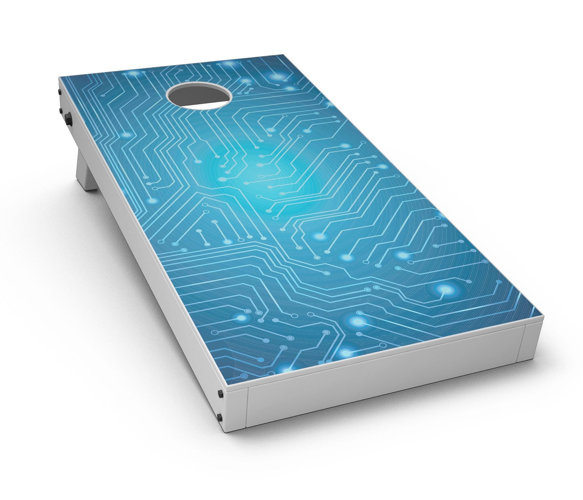 Blue Circuit Board V2 CornHole Board Skin Decal Kit showcasing vibrant circuit board design on premium vinyl material.