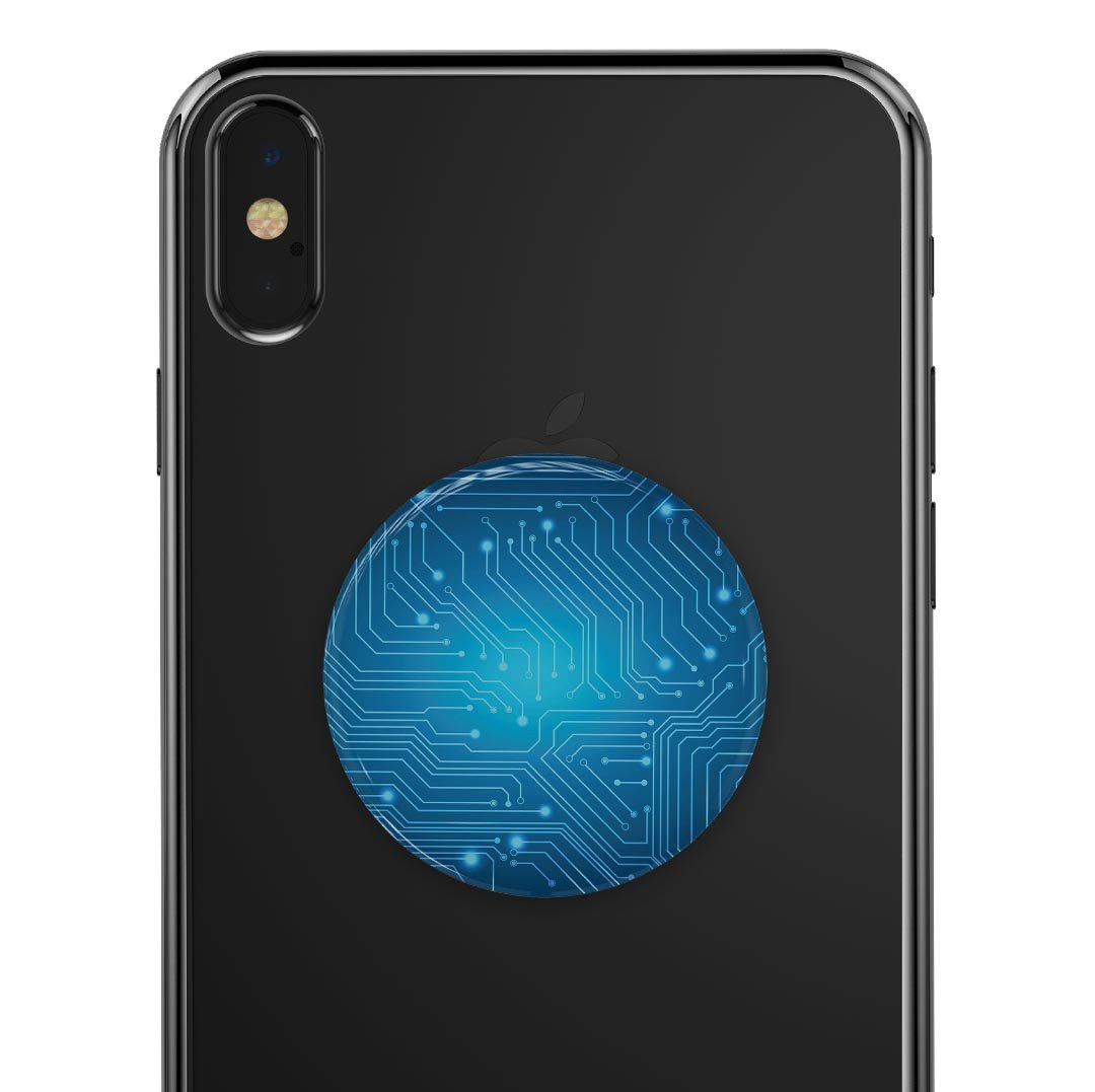 Blue Circuit Board V2 Skin Kit for PopSockets, showcasing a vibrant circuit design on premium vinyl.