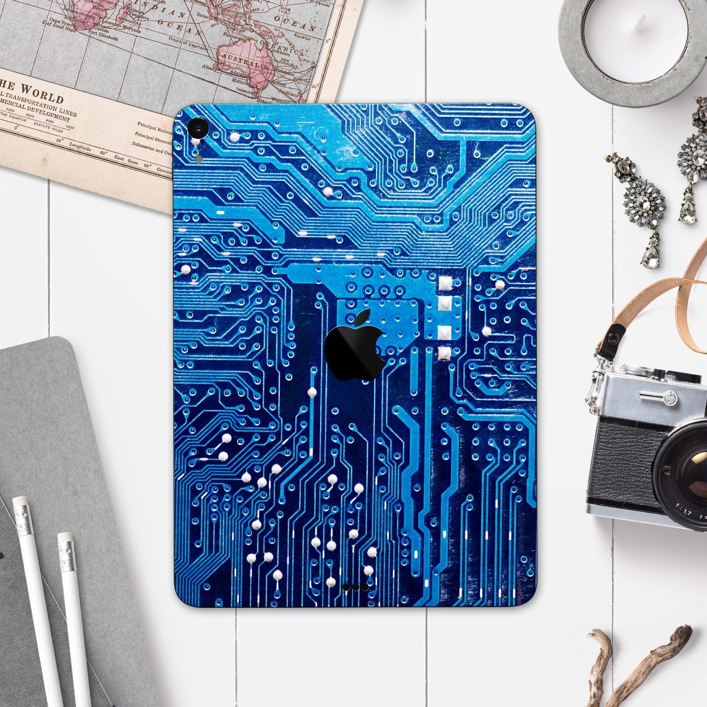 Blue Circuit Board V1 skin decal for Apple iPad Pro, showcasing a vibrant circuit design with premium finish.