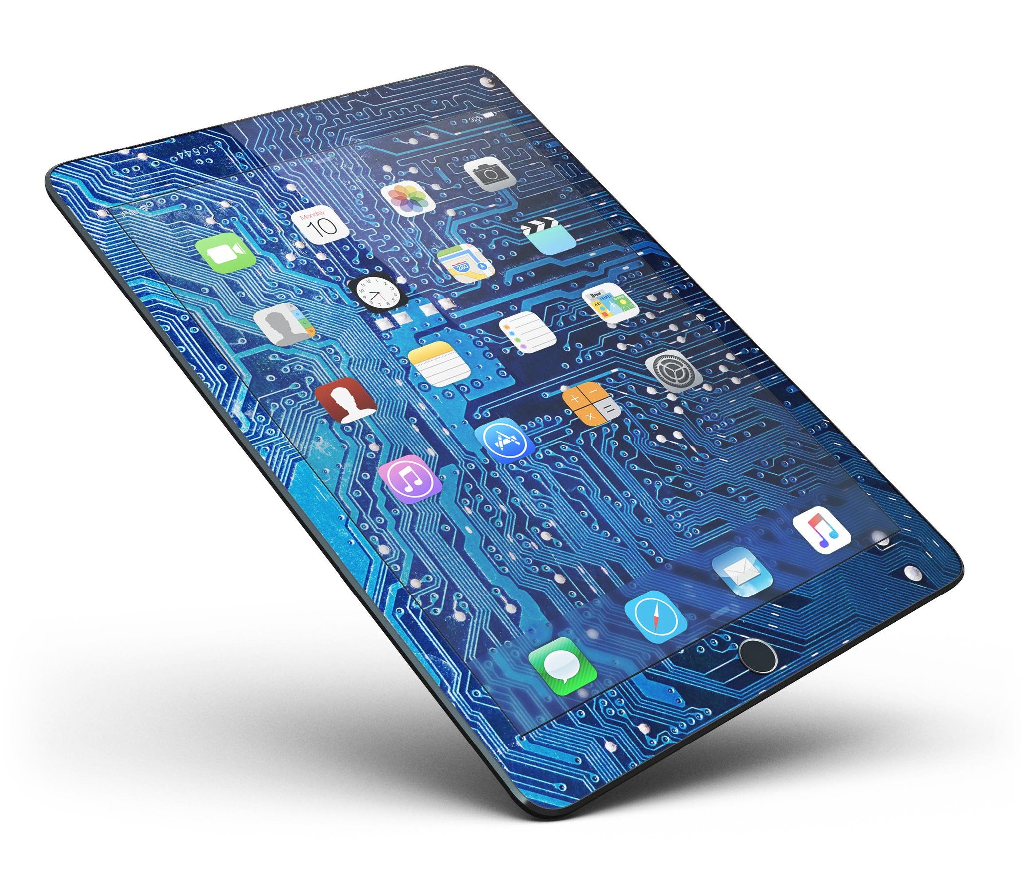 Blue Circuit Board V1 Full Body Skin for iPad Pro, showcasing a vibrant circuit design on a sleek vinyl surface.