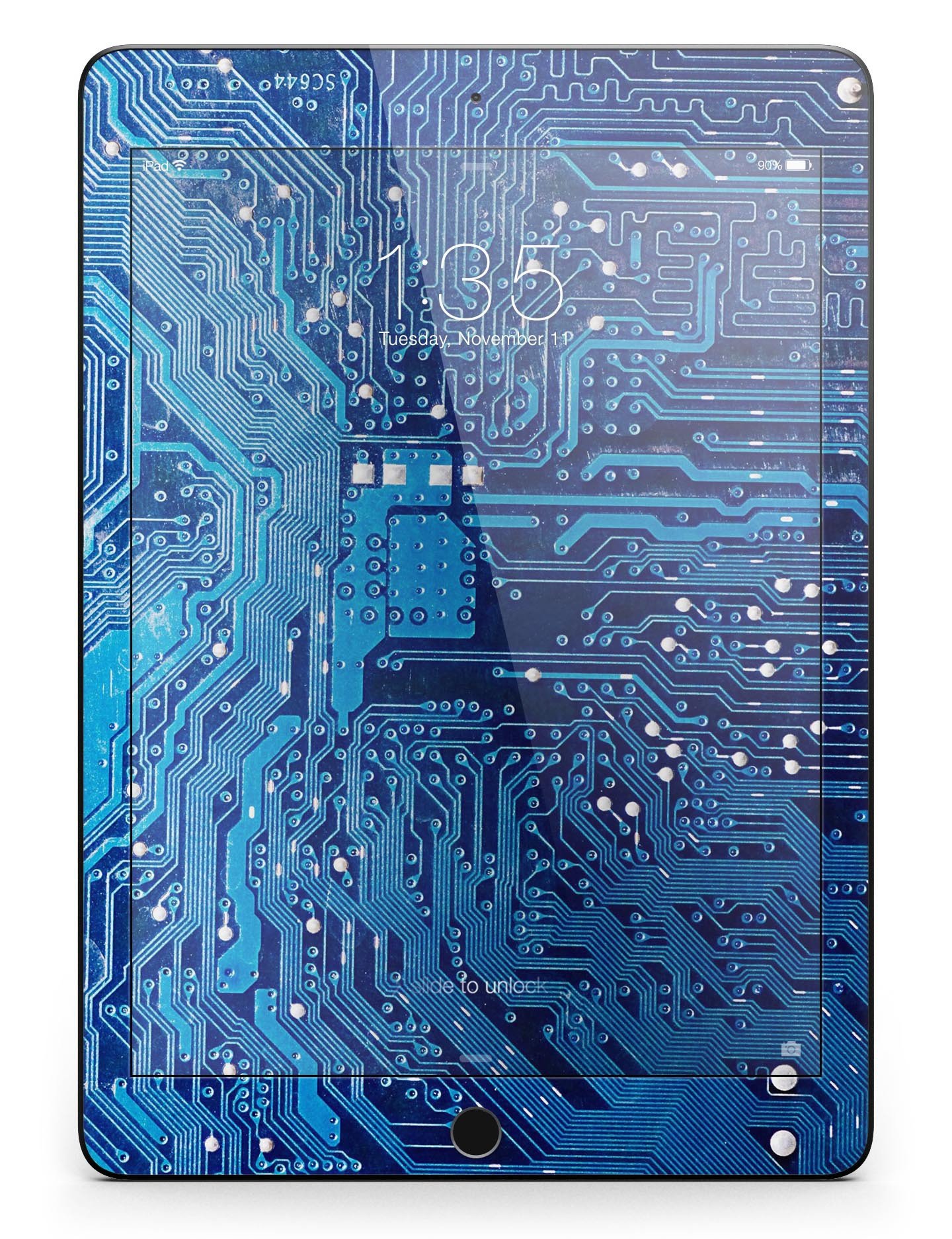 Blue Circuit Board V1 Full Body Skin for iPad Pro, showcasing a vibrant circuit design on a sleek vinyl surface.