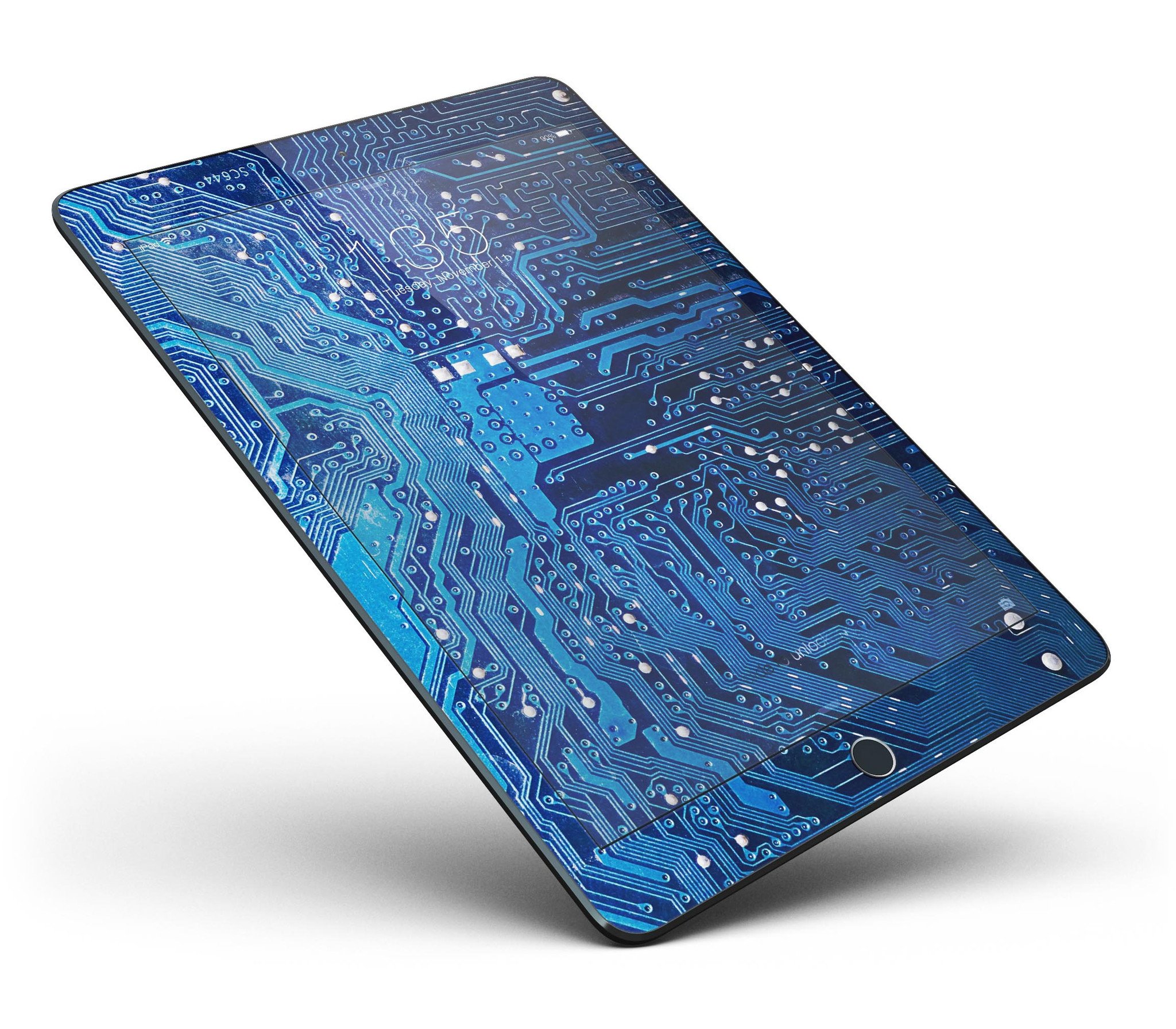 Blue Circuit Board V1 Full Body Skin for iPad Pro, showcasing a vibrant circuit design on a sleek vinyl surface.