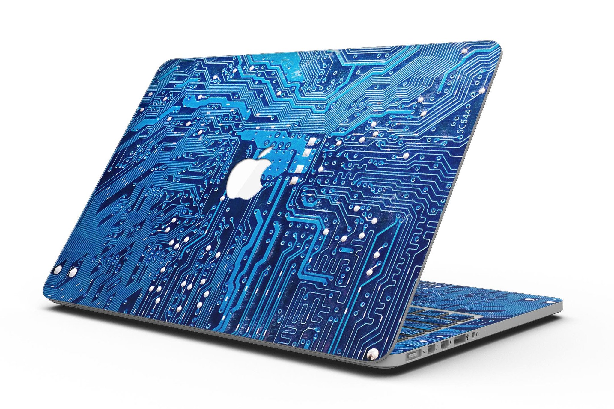 Blue Circuit Board V1 skin for MacBook Pro with Retina Display, showcasing vibrant design and precise cutouts for ports and buttons.