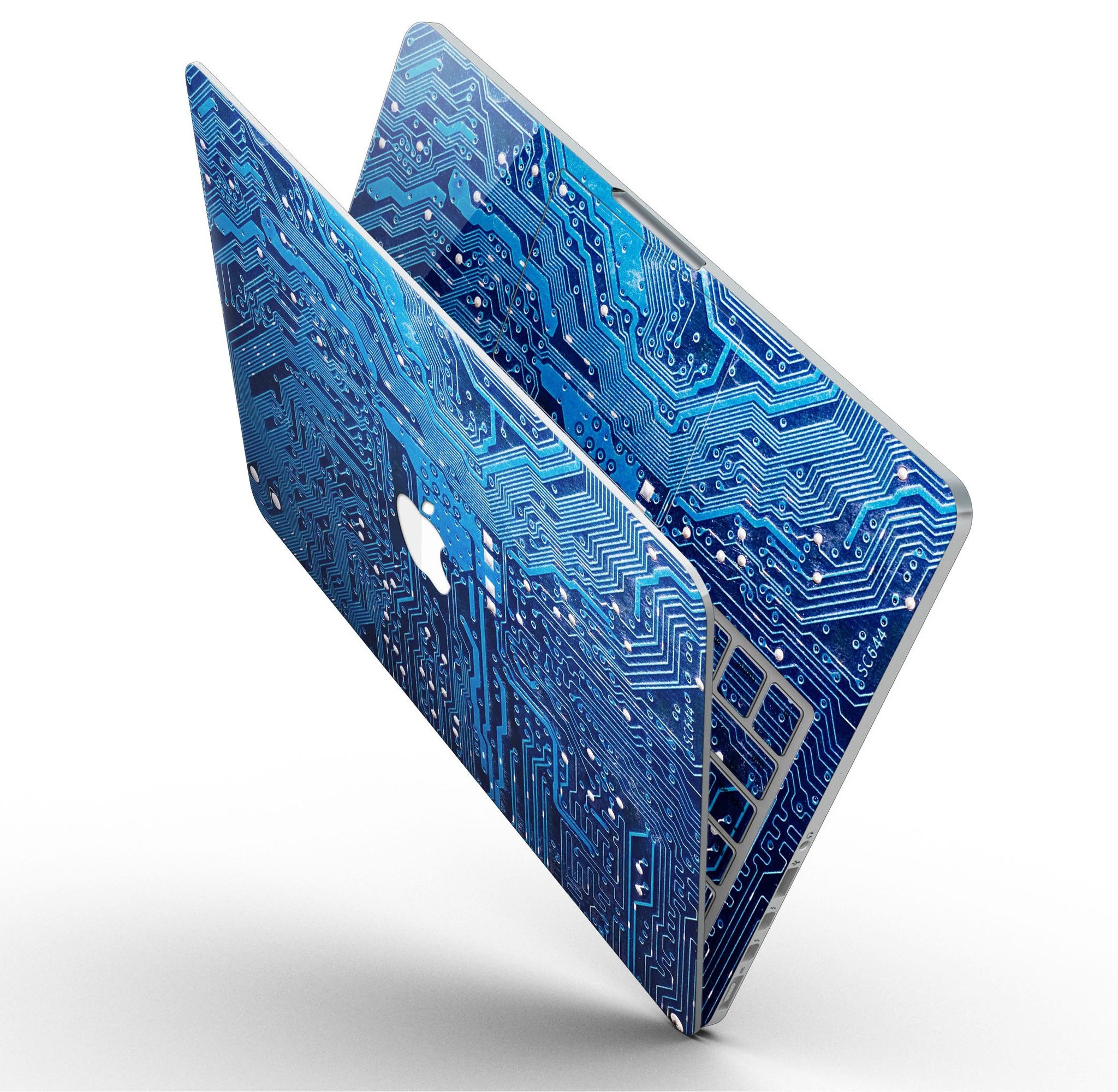 Blue Circuit Board V1 skin for MacBook Pro with Retina Display, showcasing vibrant design and precise cutouts for ports and buttons.