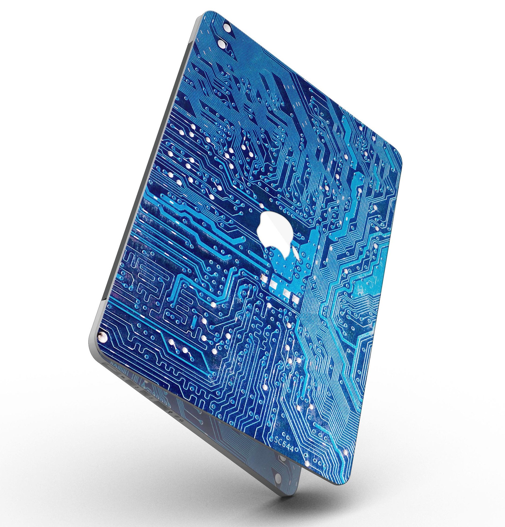 Blue Circuit Board V1 skin for MacBook Pro with Retina Display, showcasing vibrant design and precise cutouts for ports and buttons.